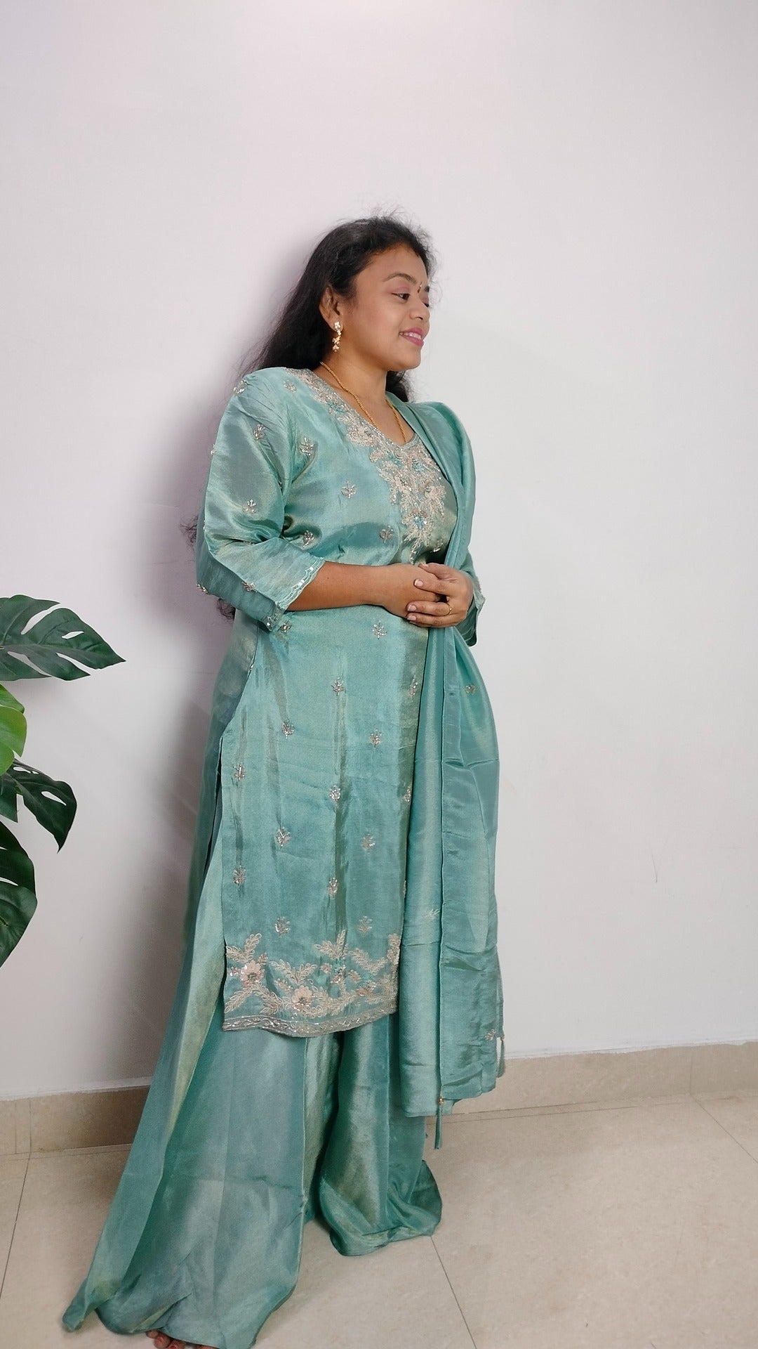 Light bluish green coloured Tissue Sharara set