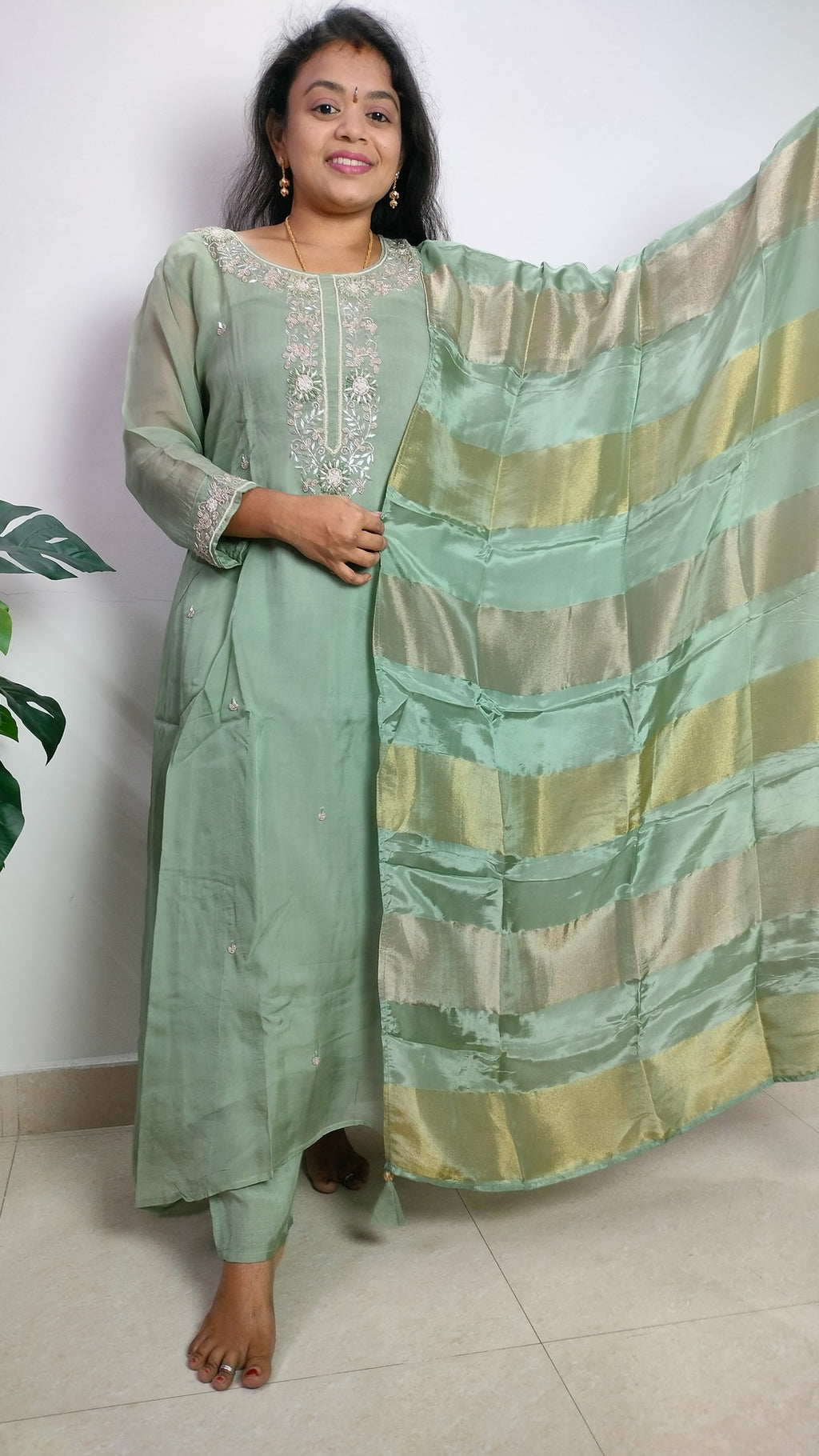 Sage green soft organza A-line 3- piece suit set.