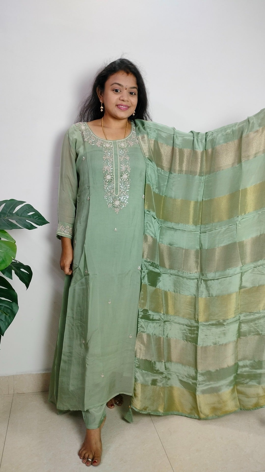 Sage green soft organza A-line 3- piece suit set.