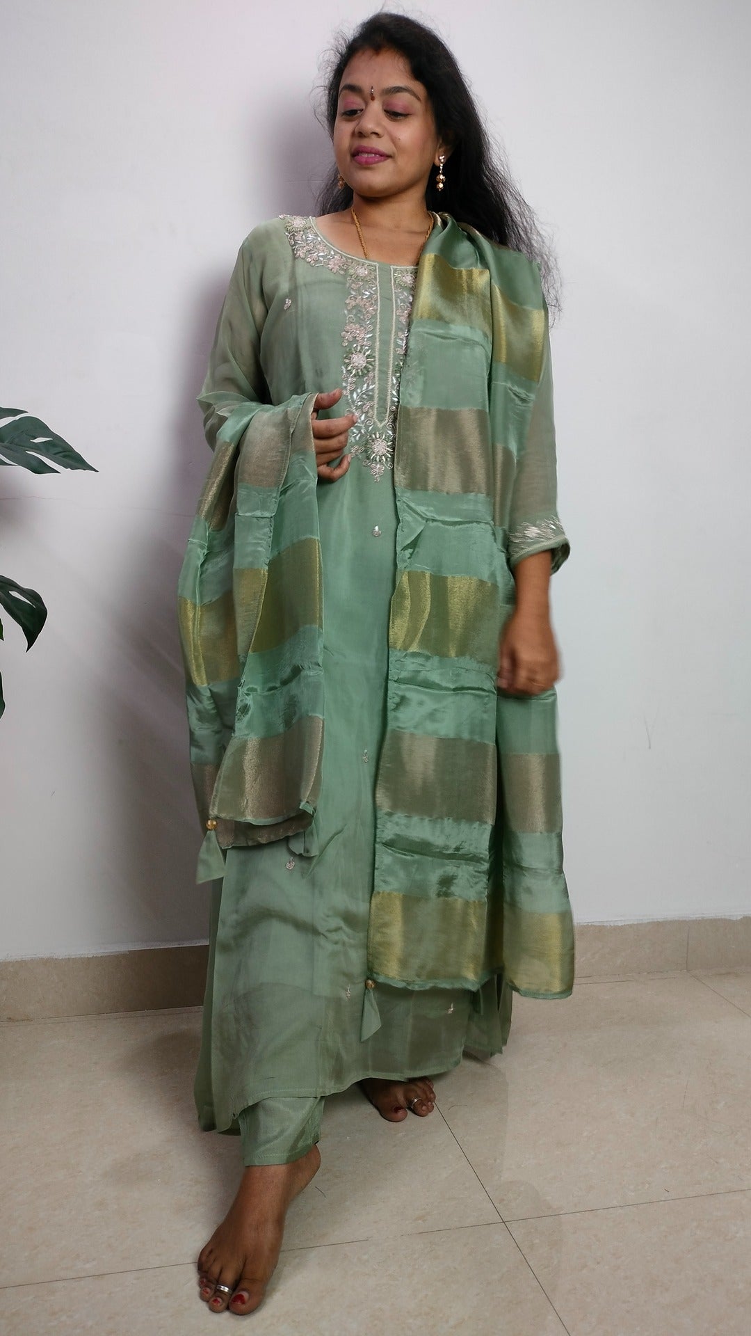 Sage green soft organza A-line 3- piece suit set.