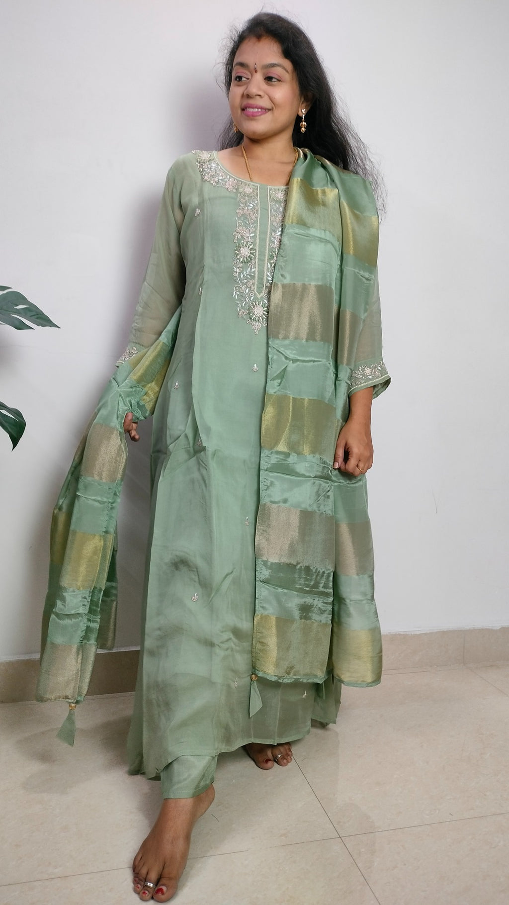 Sage green soft organza A-line 3- piece suit set.
