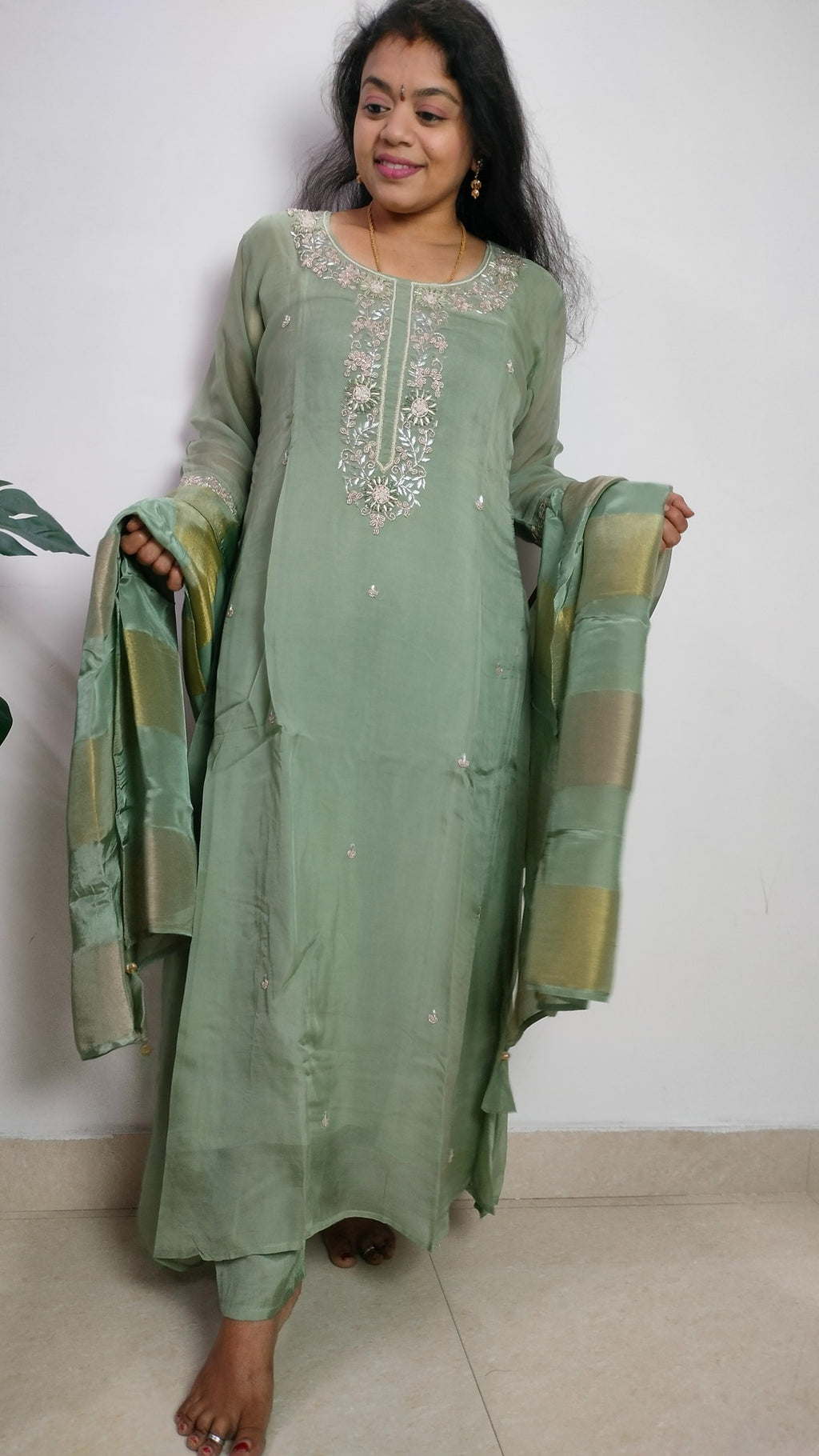 Sage green soft organza A-line 3- piece suit set.