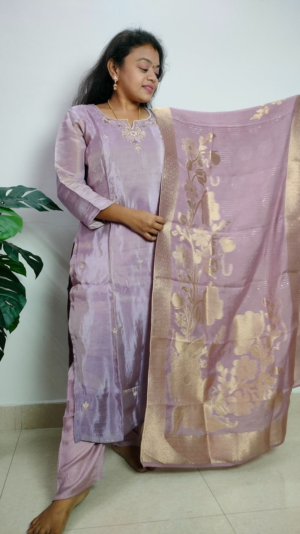 lilac ombre tissue 3 piece straight cut tunic set