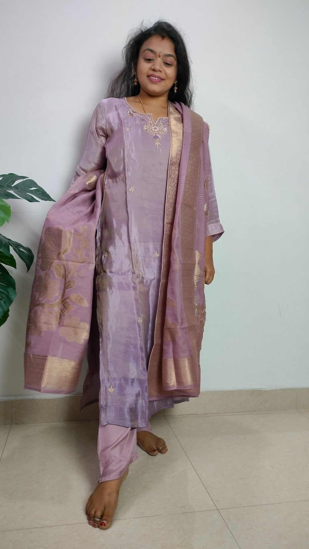 lilac ombre tissue 3 piece straight cut tunic set