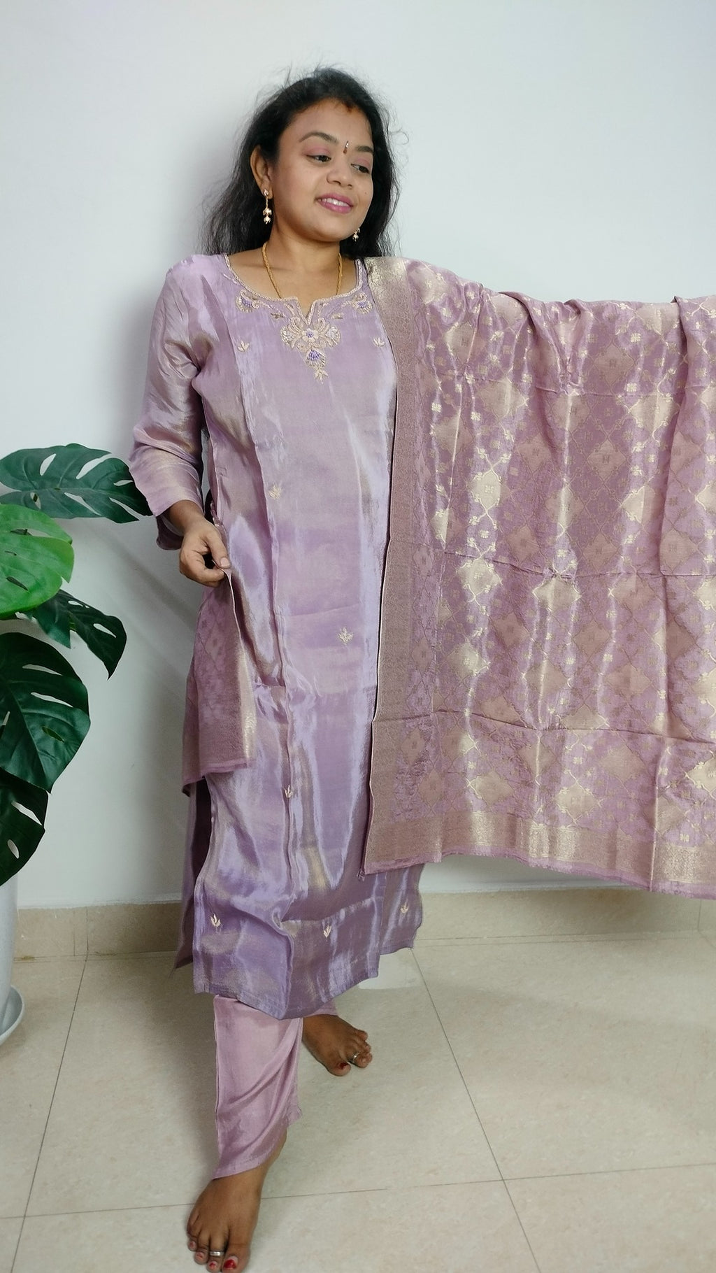 lilac ombre tissue 3 piece straight cut tunic set