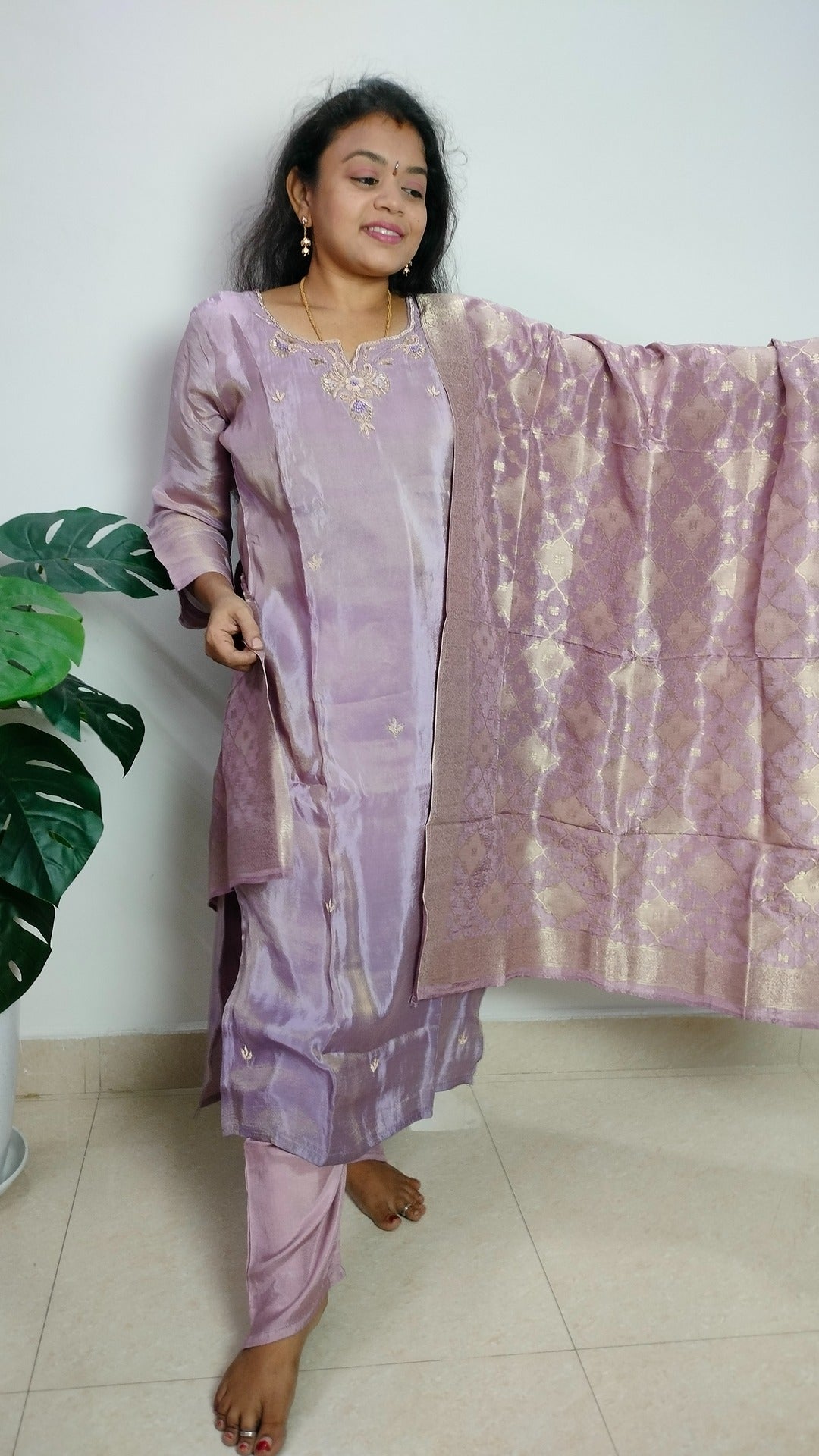 lilac ombre tissue 3 piece straight cut tunic set