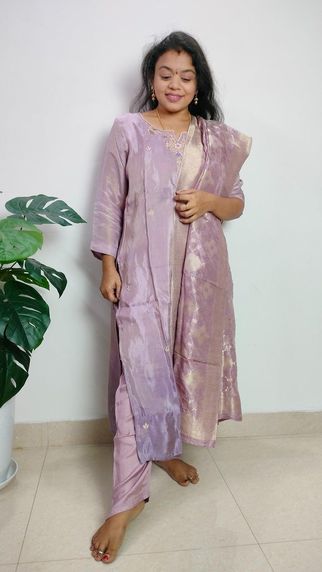 lilac ombre tissue 3 piece straight cut tunic set