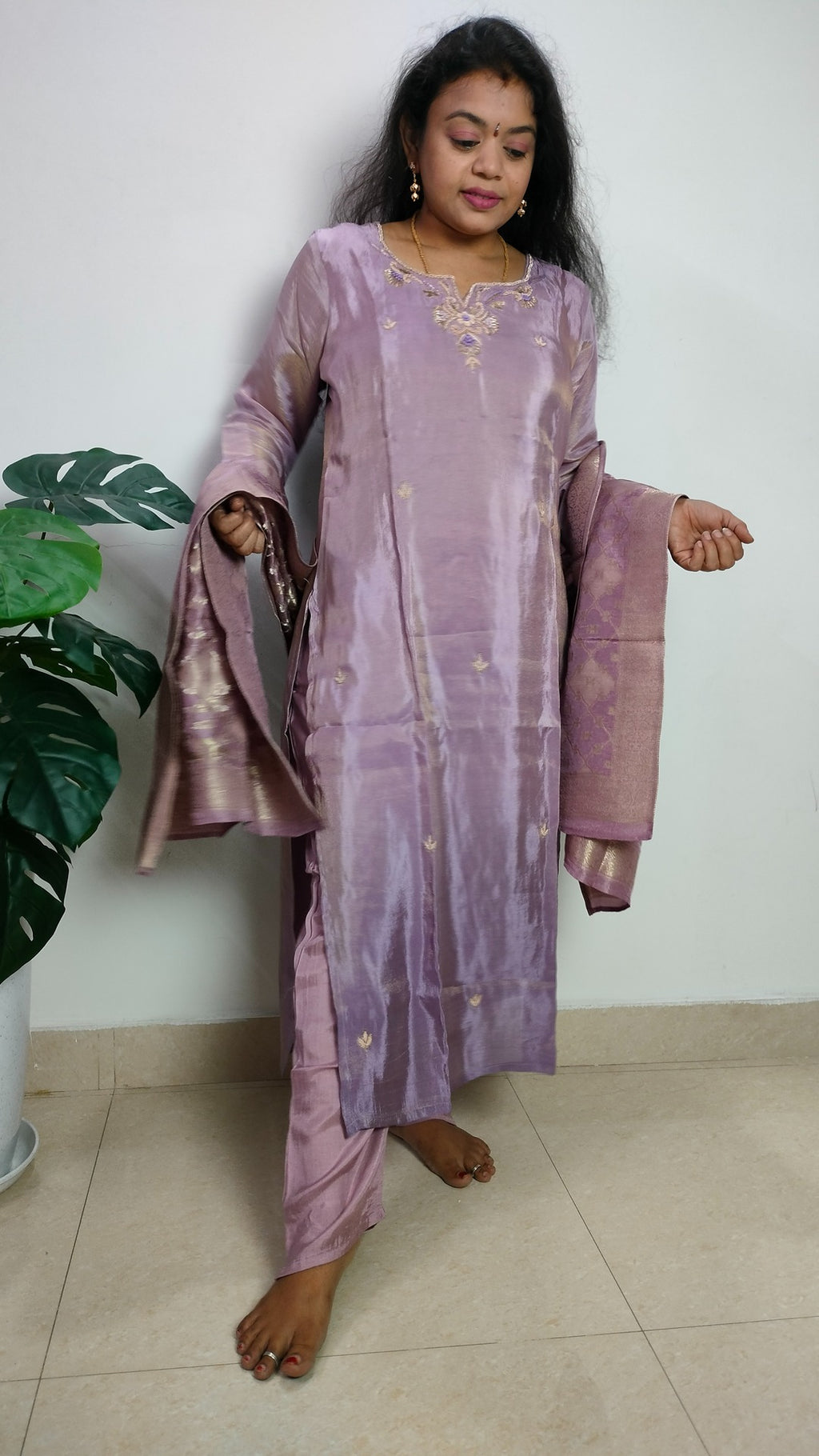 lilac ombre tissue 3 piece straight cut tunic set