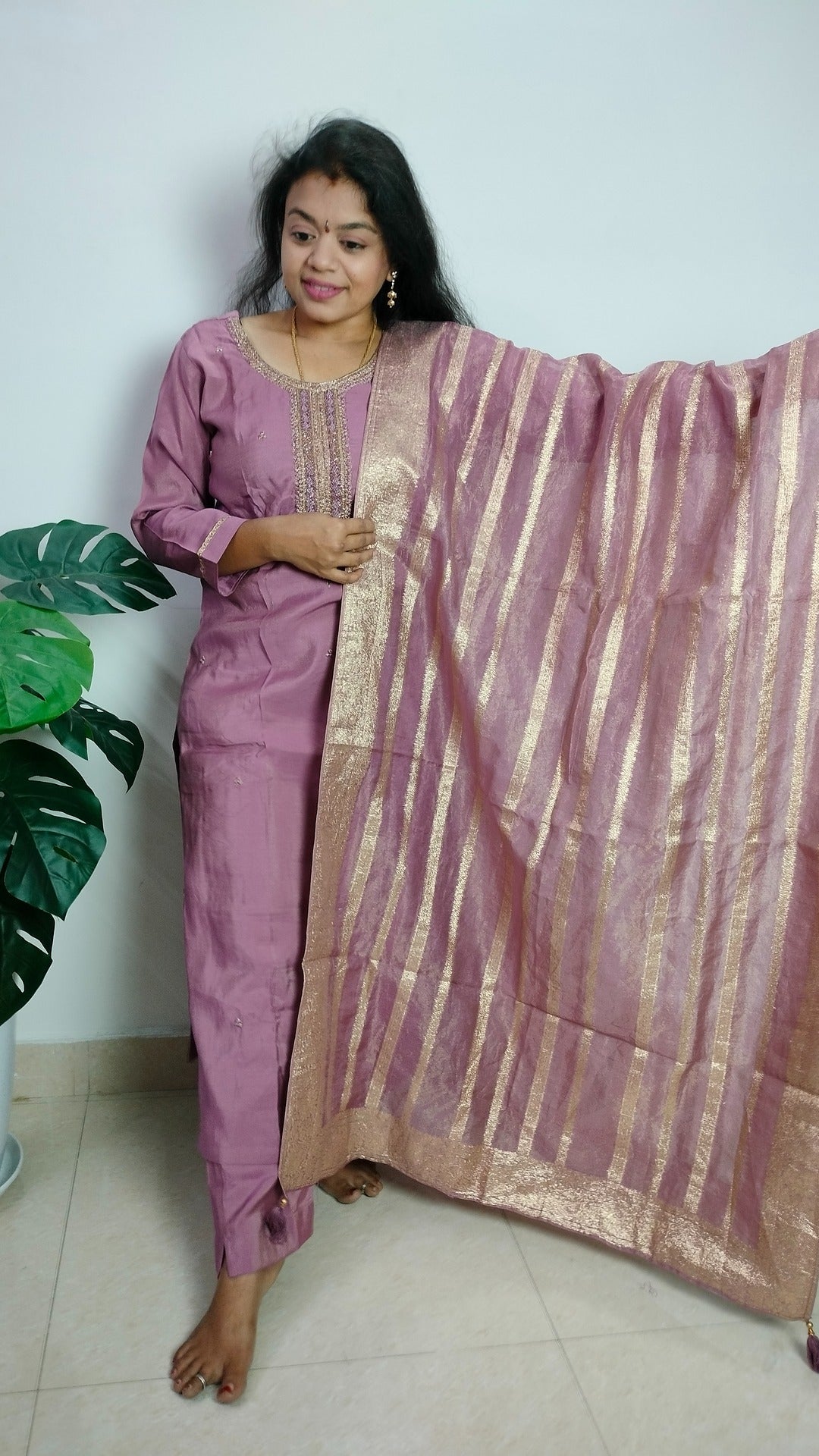 Mauve Silk blend Tissue Three piece straight fit kurta set