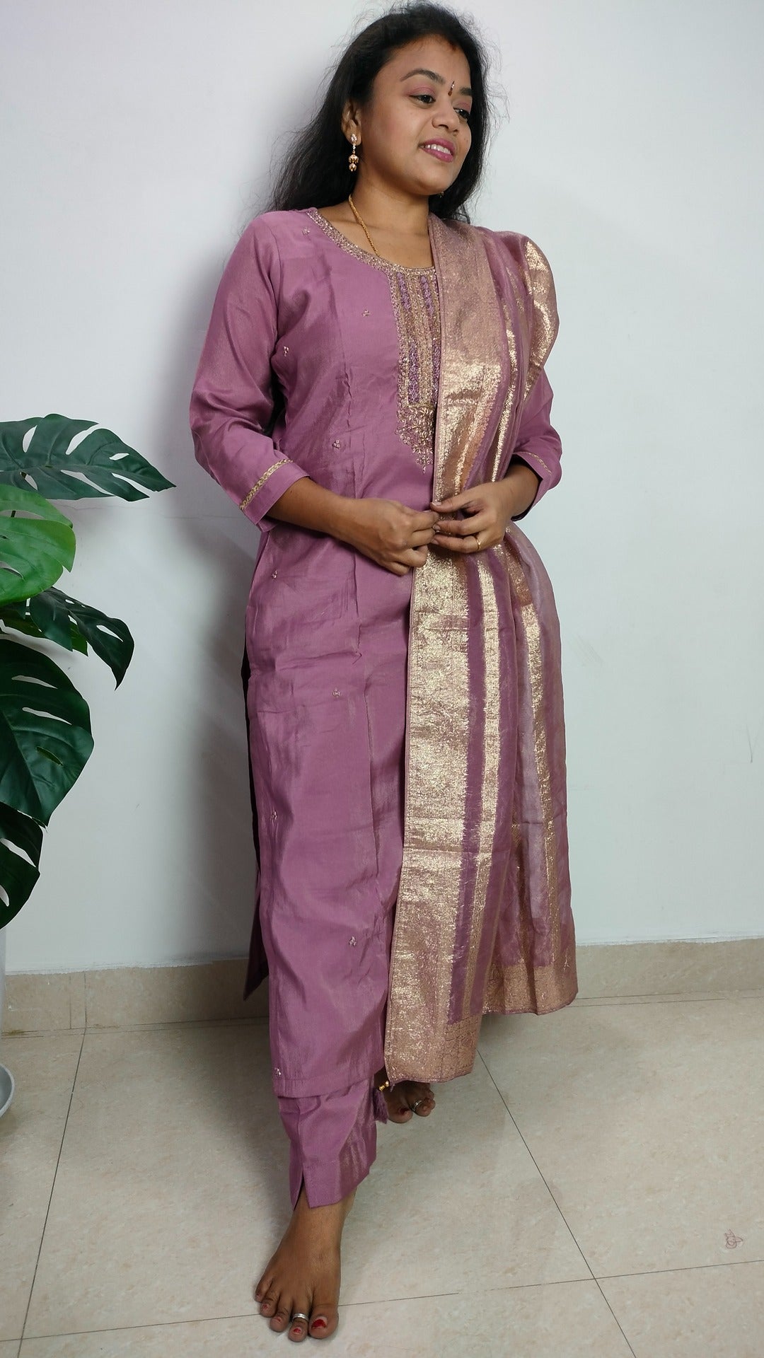 Mauve Silk blend Tissue Three piece straight fit kurta set