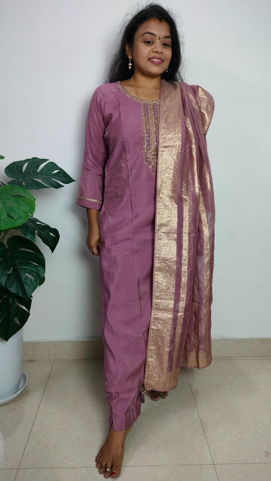 Mauve Silk blend Tissue Three piece straight fit kurta set