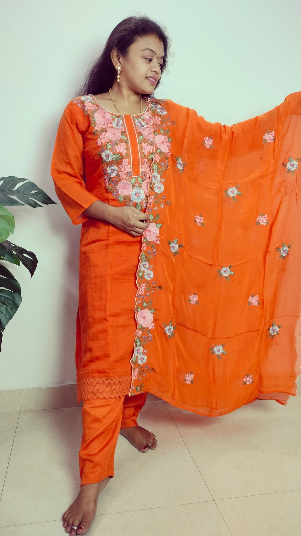 Rustorange colour Mul chanderi straight cut 3- piece suit set