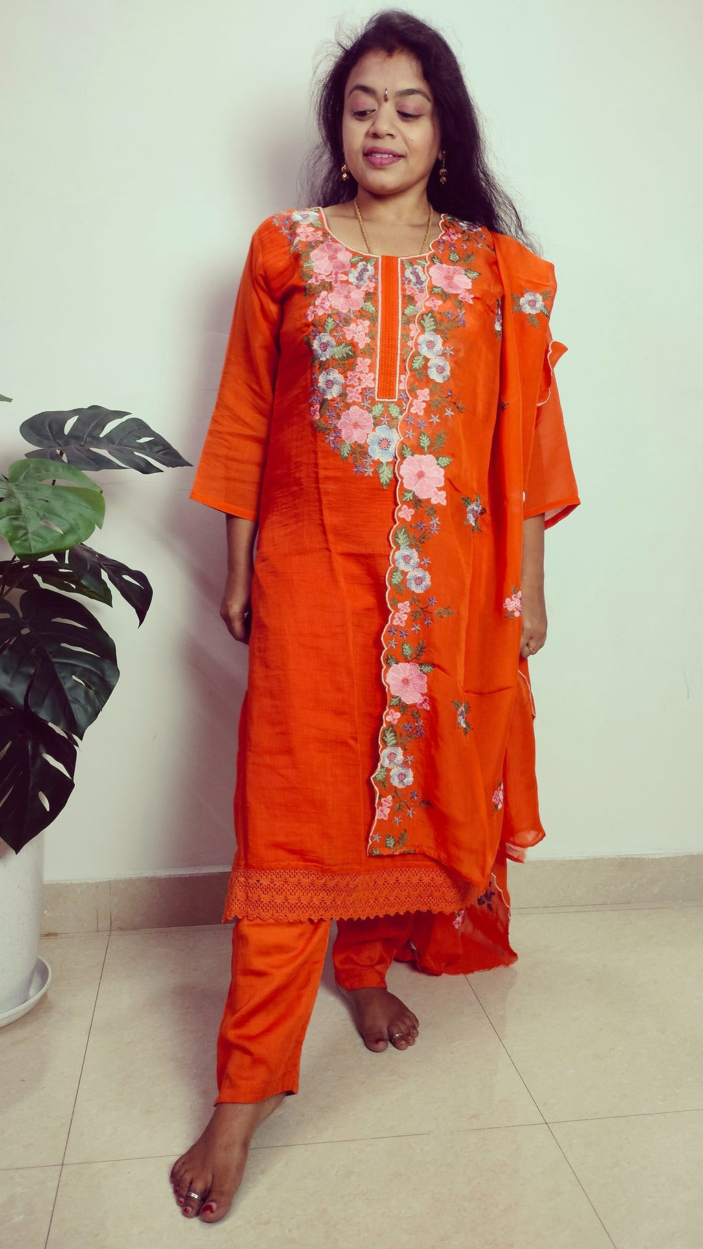 Rustorange colour Mul chanderi straight cut 3- piece suit set