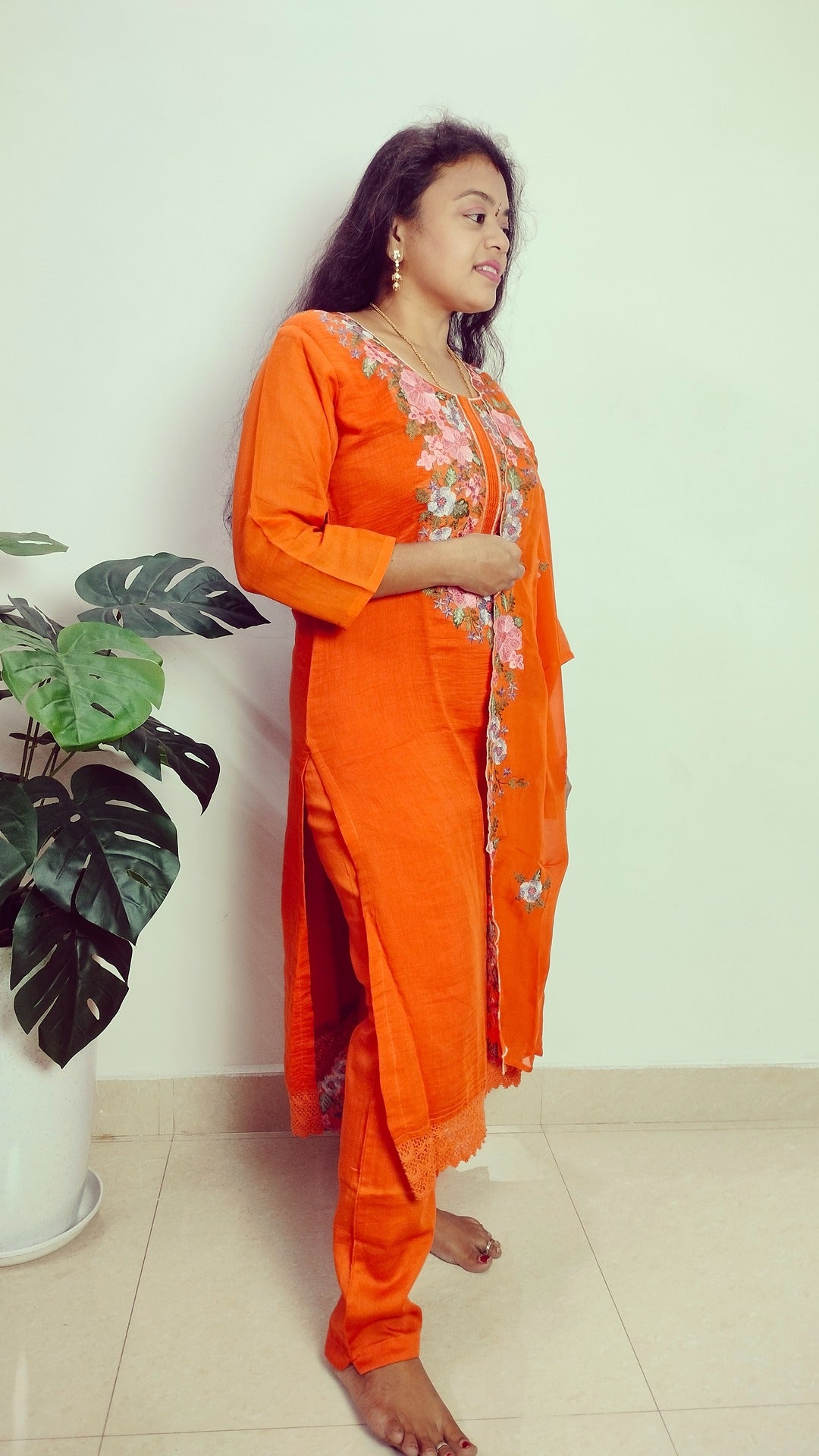 Rustorange colour Mul chanderi straight cut 3- piece suit set