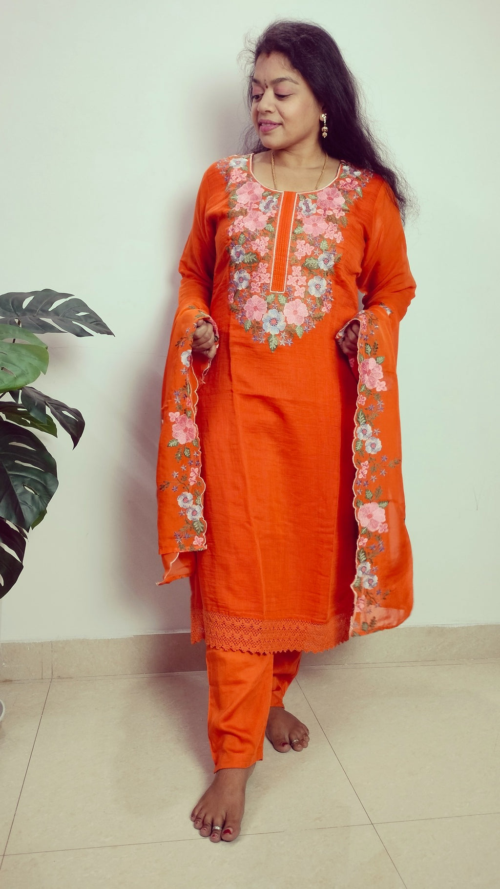 Rustorange colour Mul chanderi straight cut 3- piece suit set