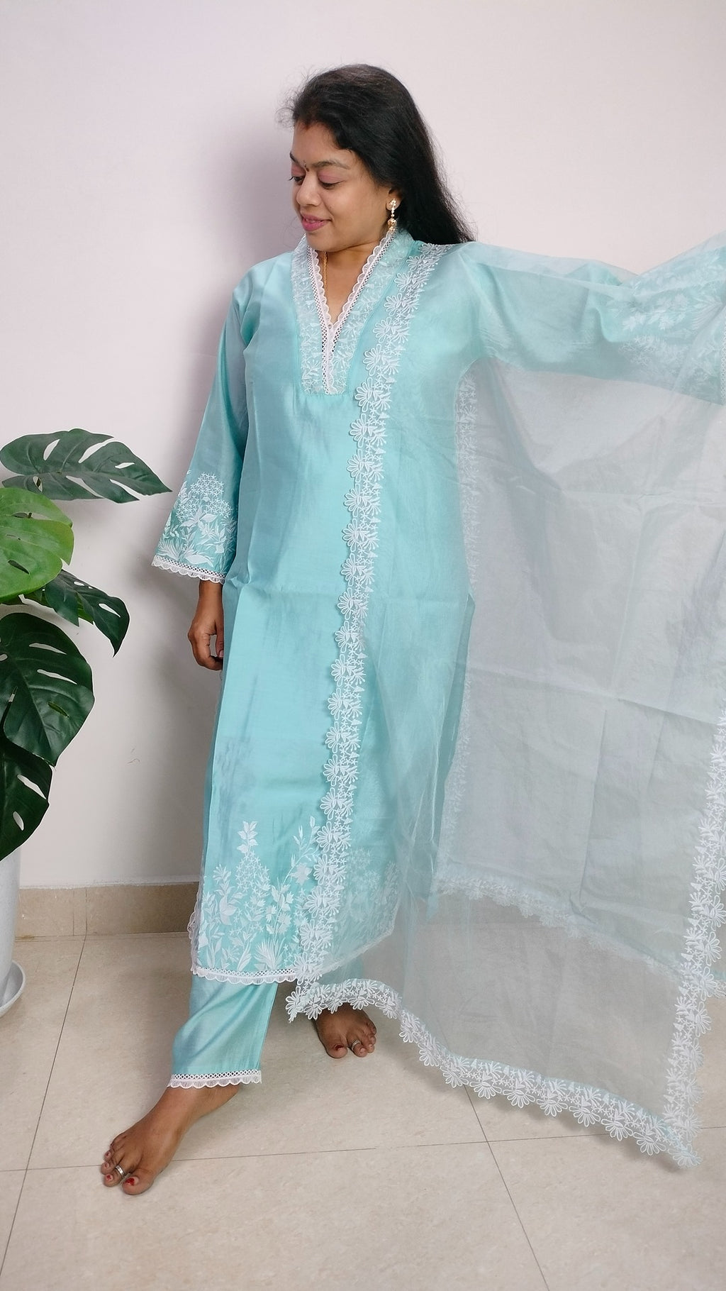 Sky blue coloured silk blend straight cut suit set