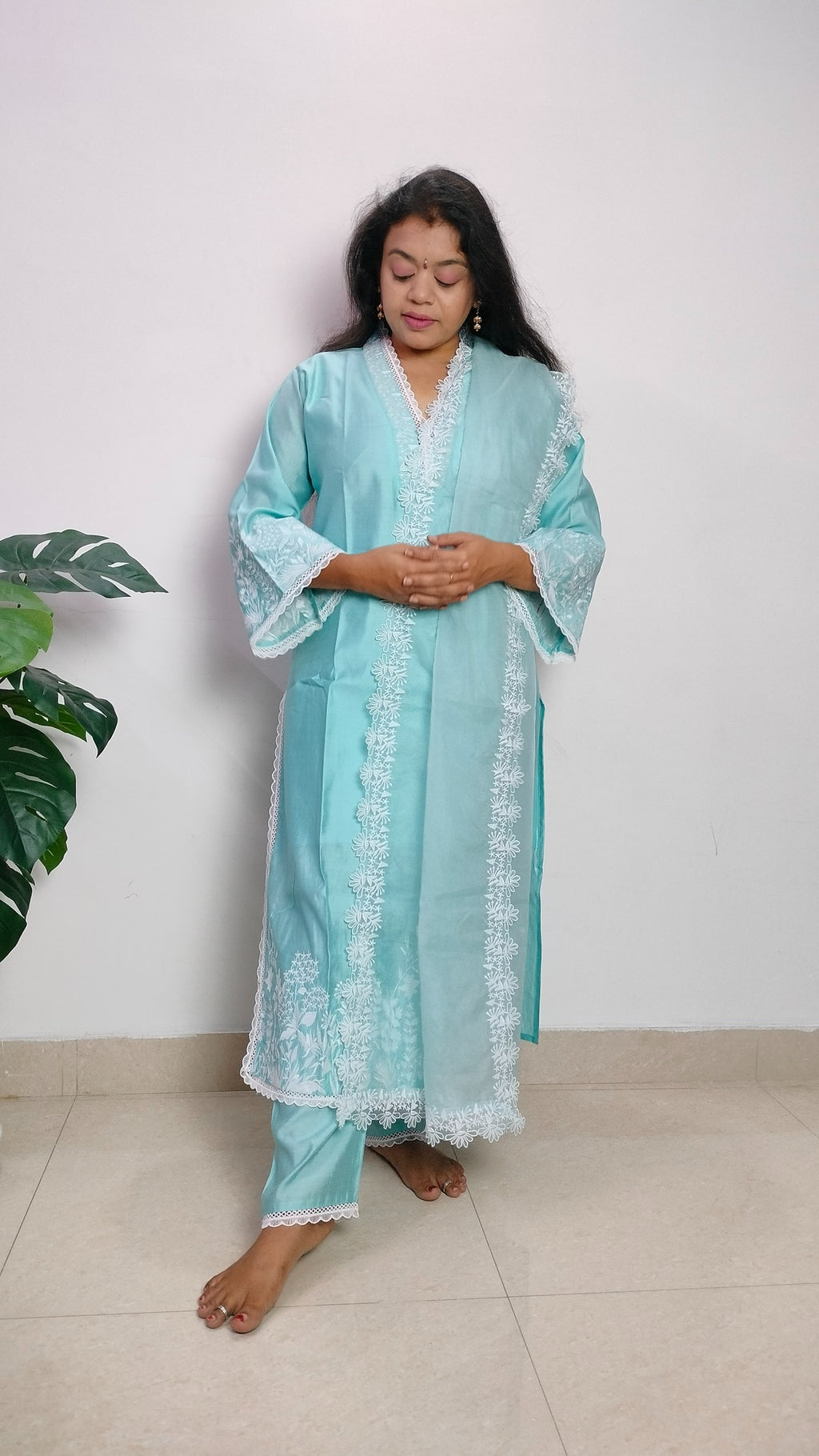 Sky blue coloured silk blend straight cut suit set