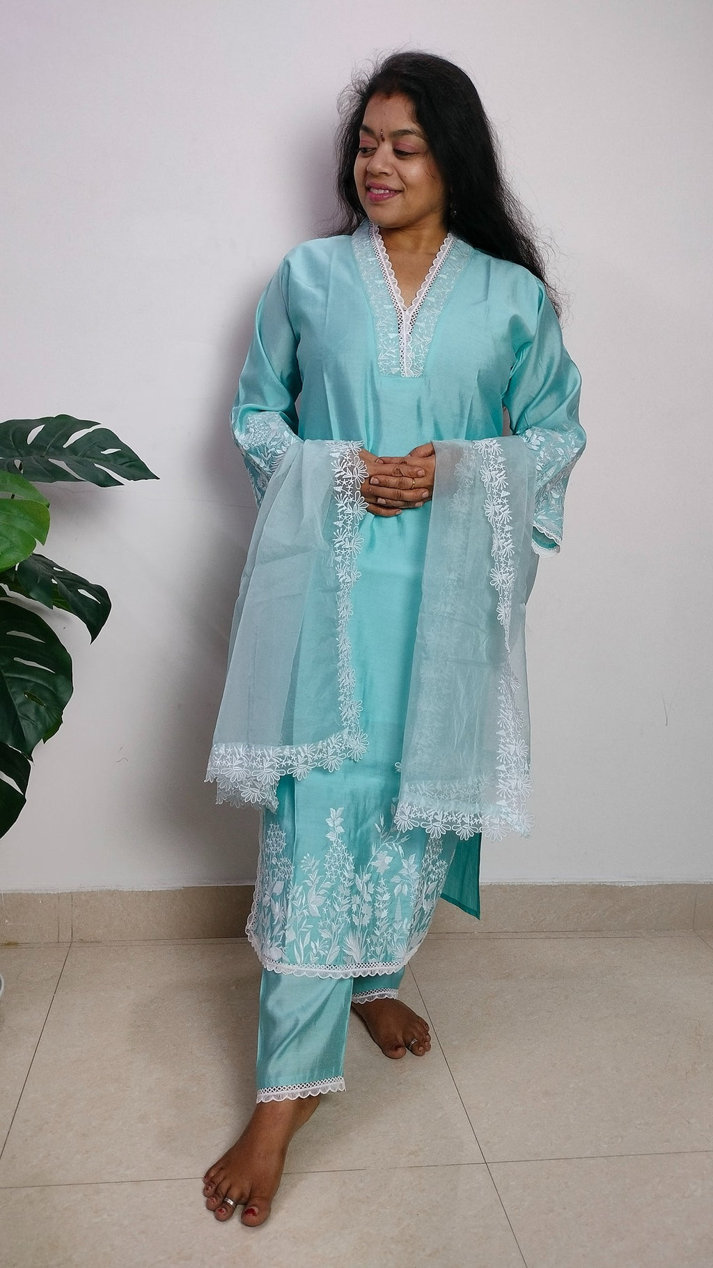 Sky blue coloured silk blend straight cut suit set
