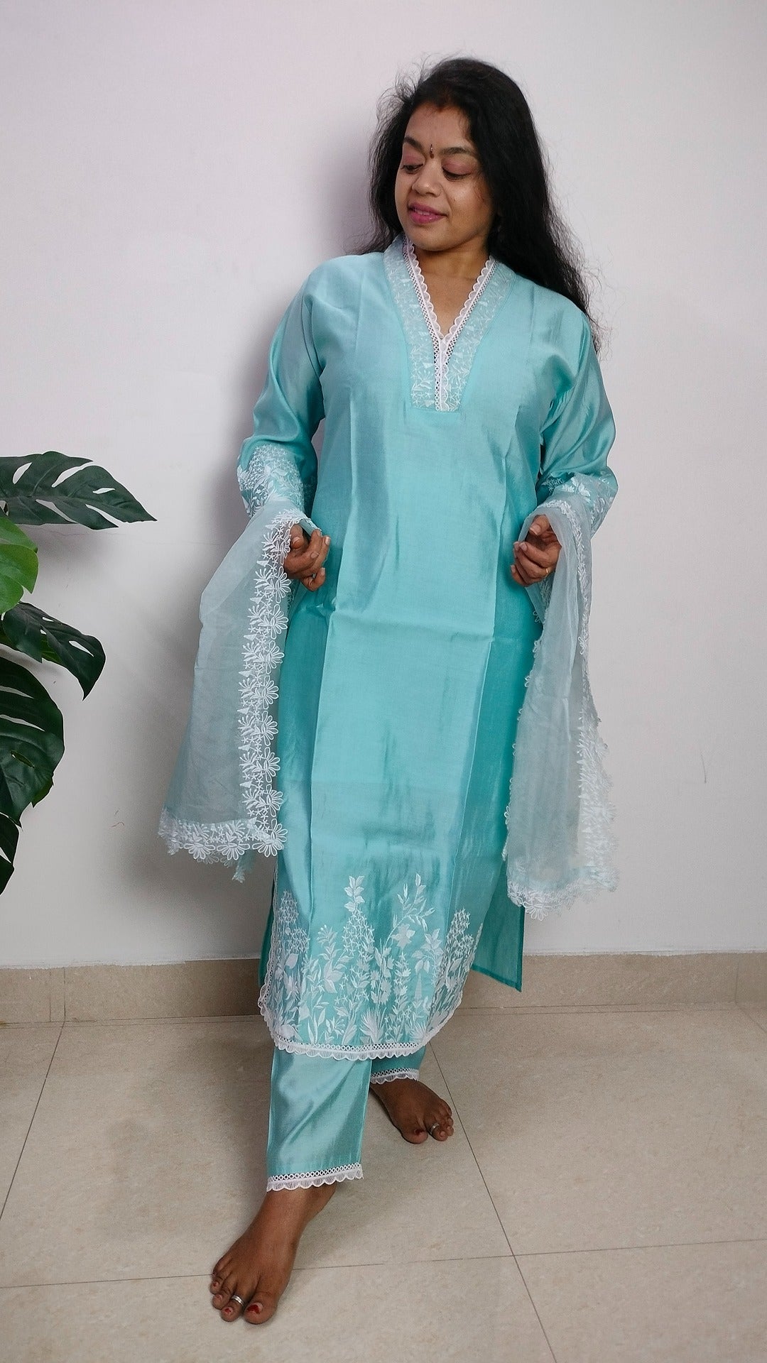 Sky blue coloured silk blend straight cut suit set