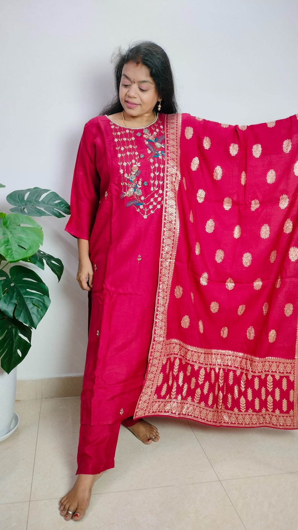 Maroon Dola Silk Straight cut 3-piece kurti set