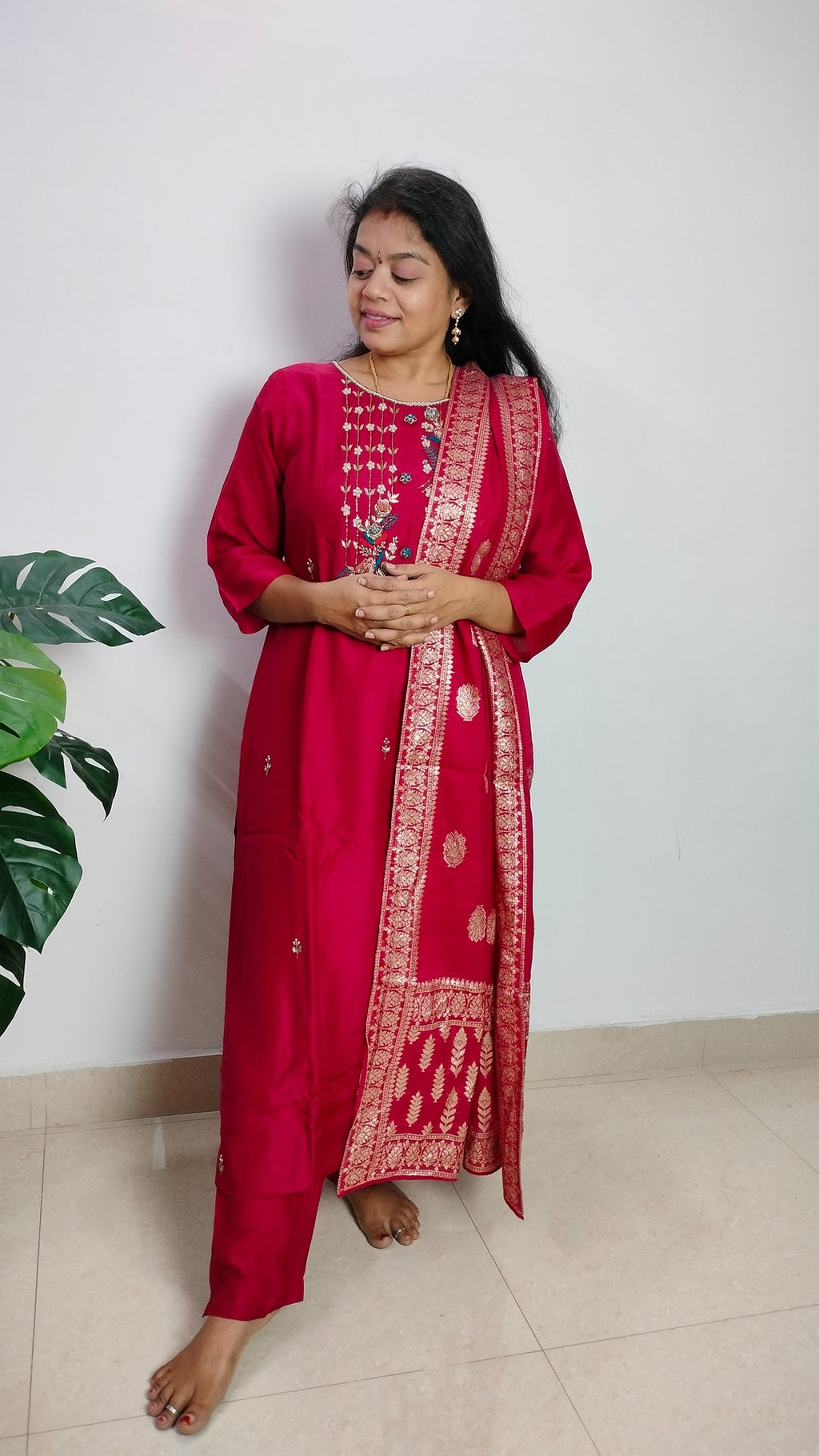 Maroon Dola Silk Straight cut 3-piece kurti set