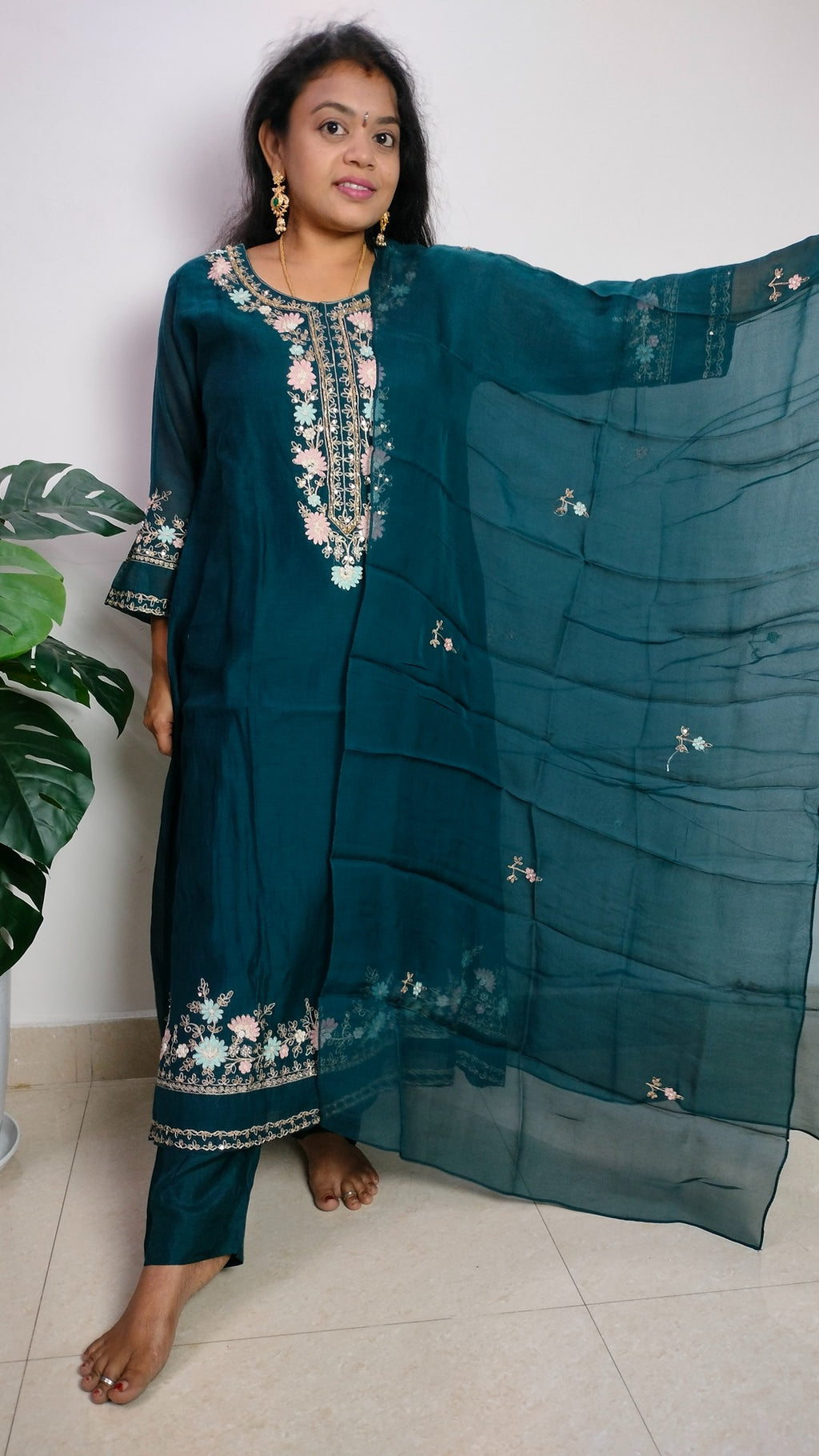 Mulchanderi teal color 3 piece A-line kurthi set