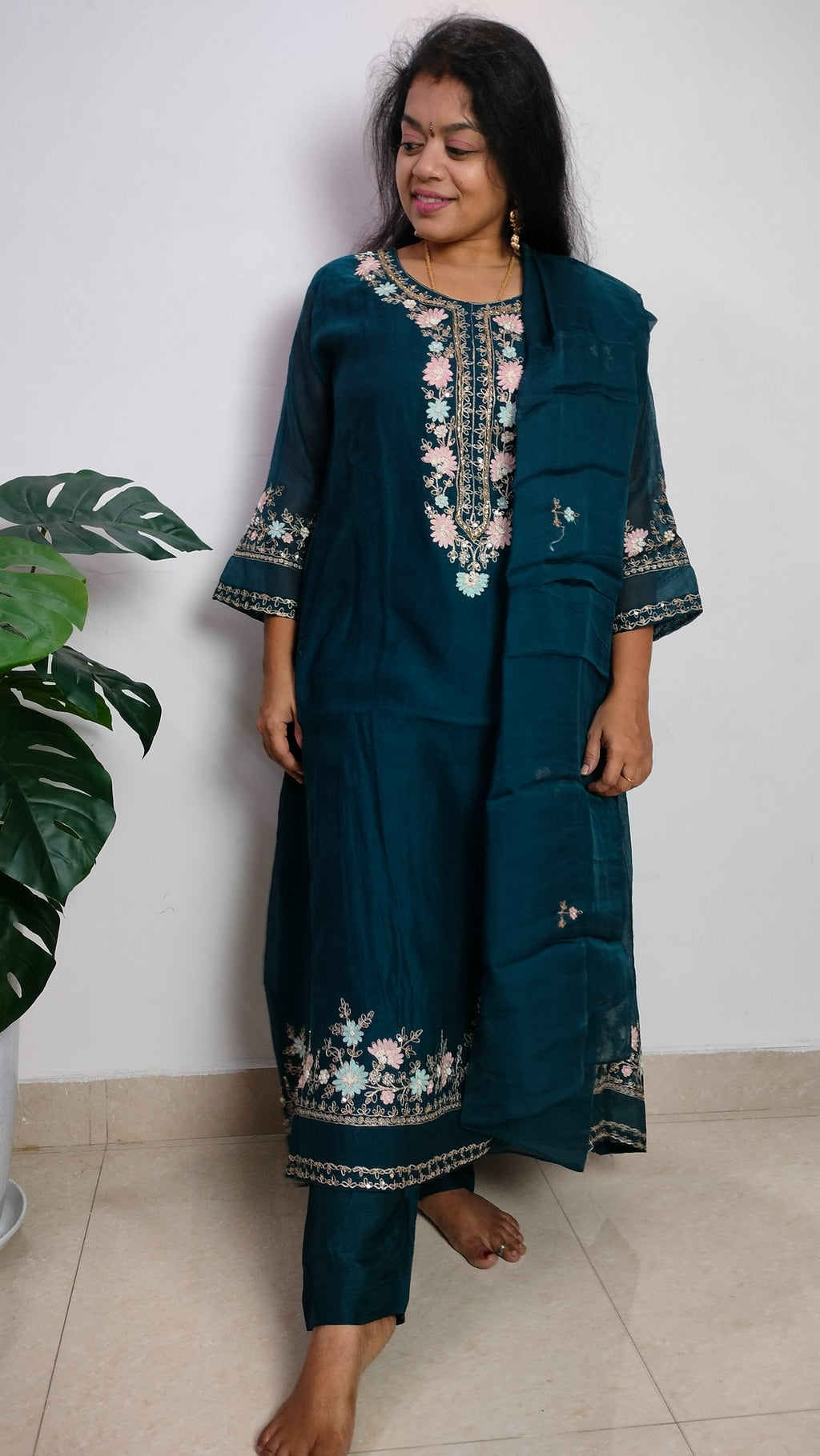 Mulchanderi teal color 3 piece A-line kurthi set