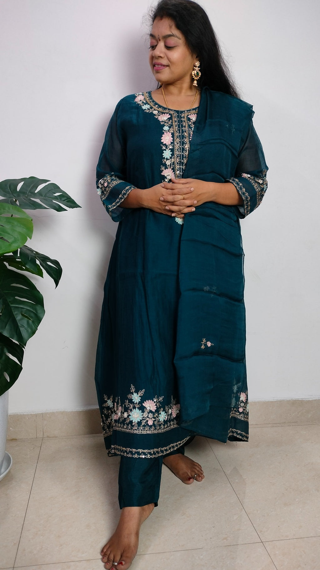 Mulchanderi teal color 3 piece A-line kurthi set