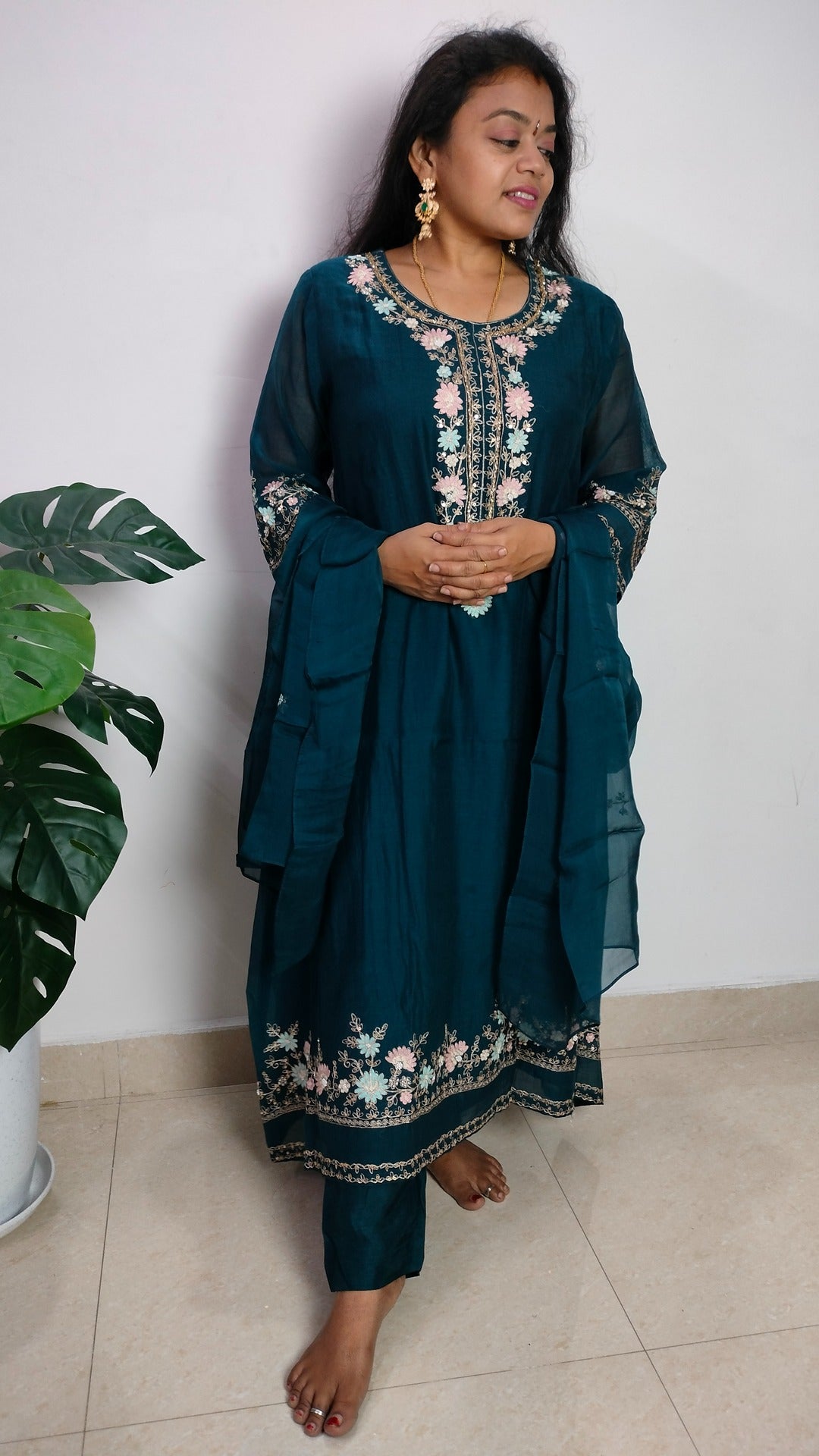 Mulchanderi teal color 3 piece A-line kurthi set