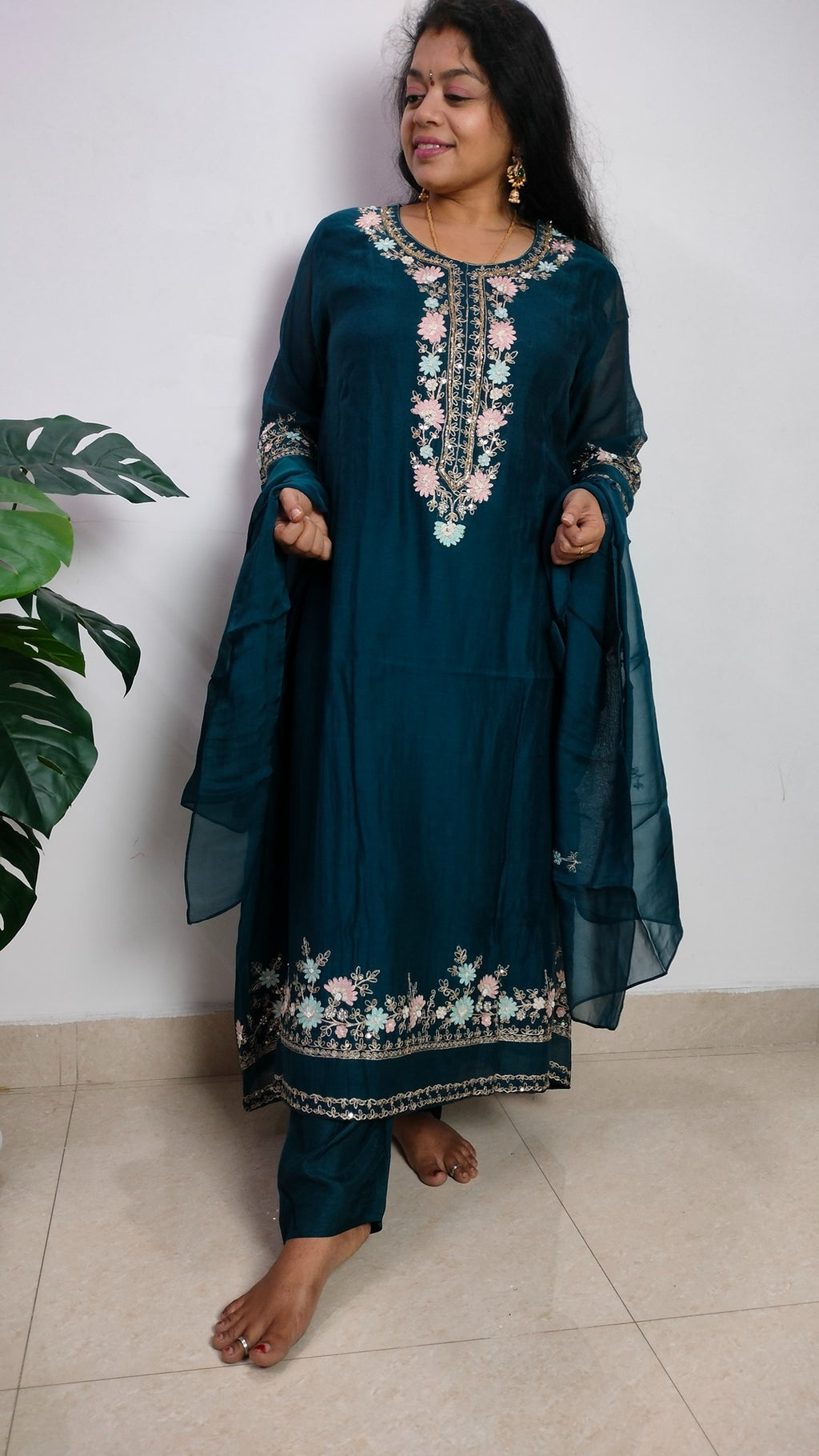 Mulchanderi teal color 3 piece A-line kurthi set