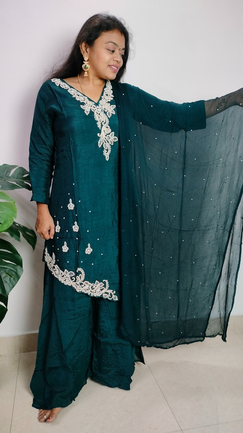 Teal green dola silk and chinon sharara set
