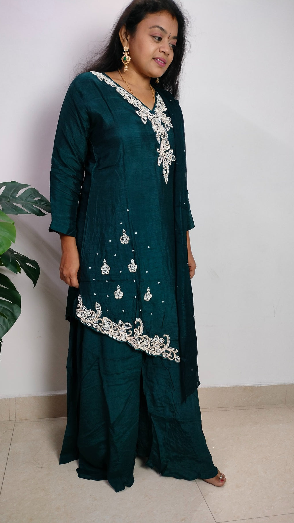 Teal green dola silk and chinon sharara set
