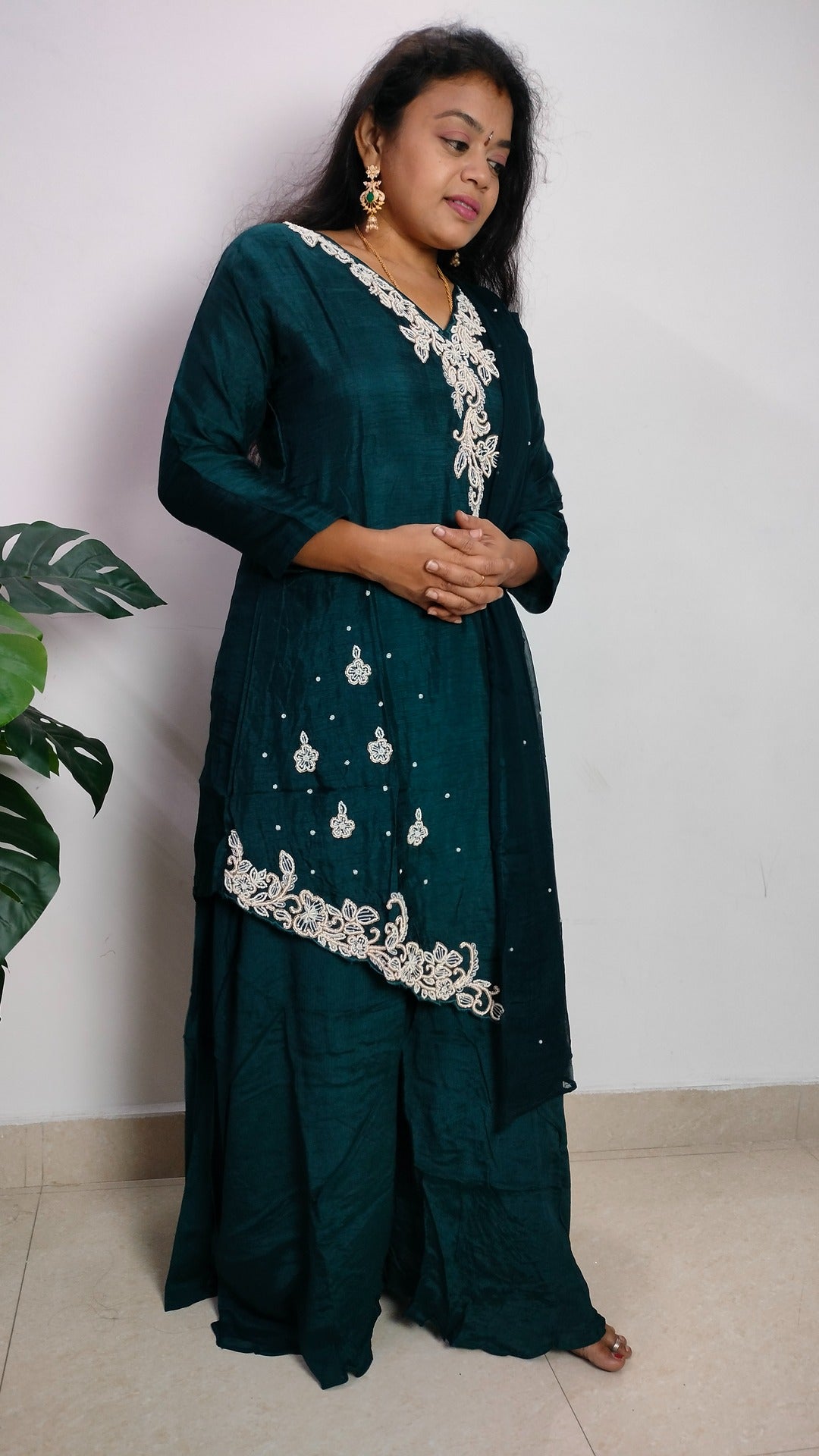 Teal green dola silk and chinon sharara set