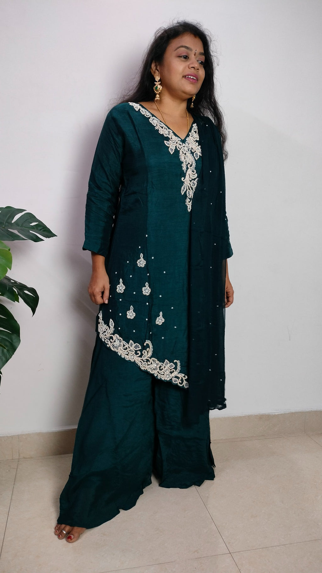 Teal green dola silk and chinon sharara set