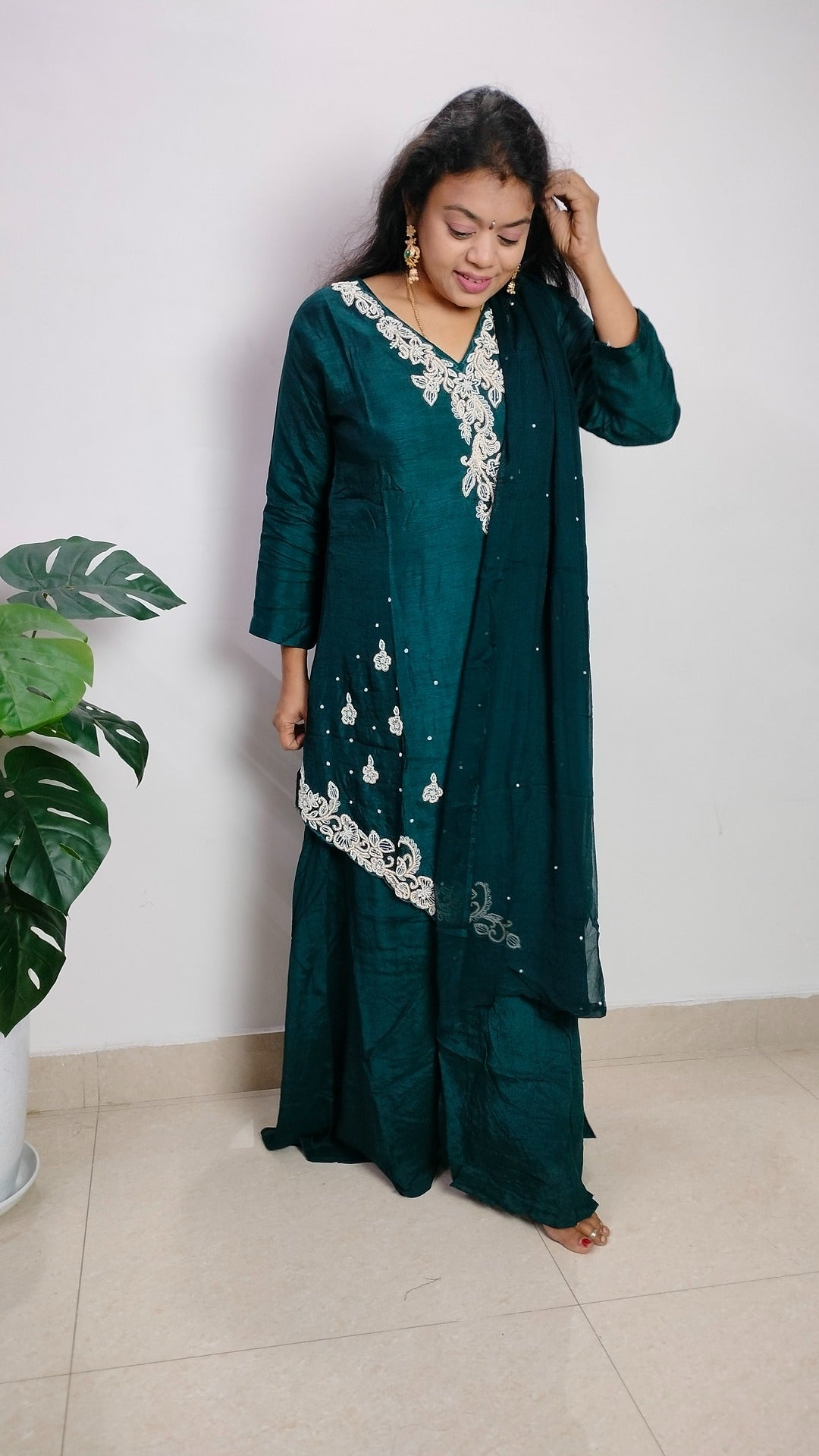 Teal green dola silk and chinon sharara set