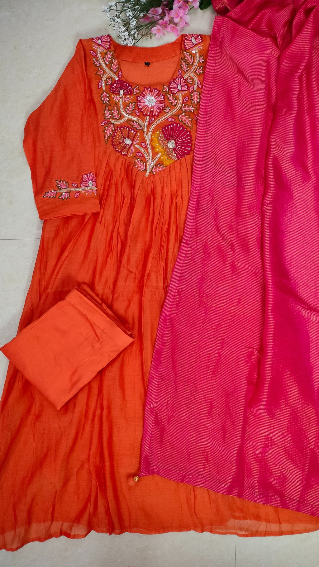 Mulchanderi Orange color 3 piece A-line kurthi set