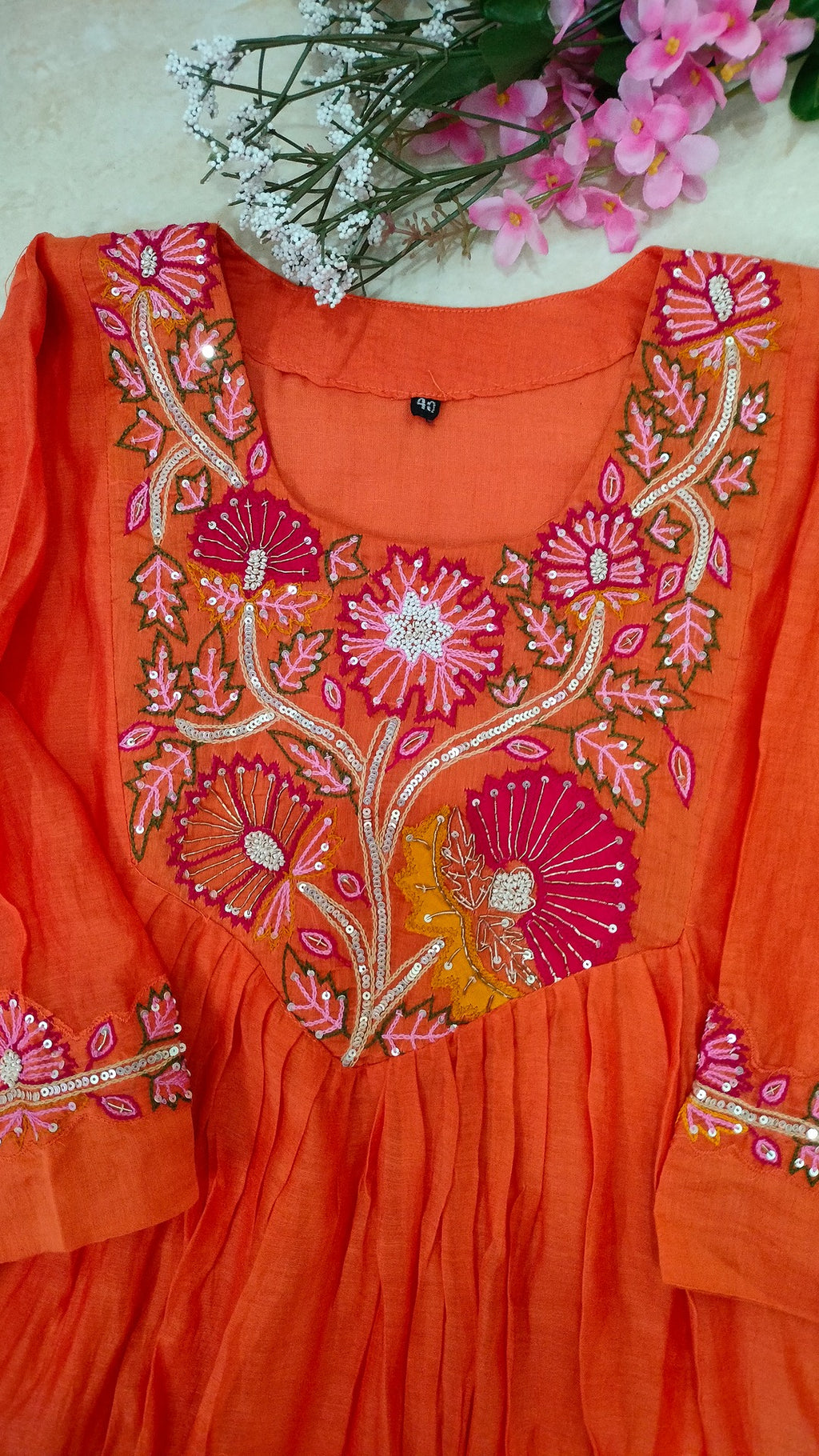 Mulchanderi Orange color 3 piece A-line kurthi set