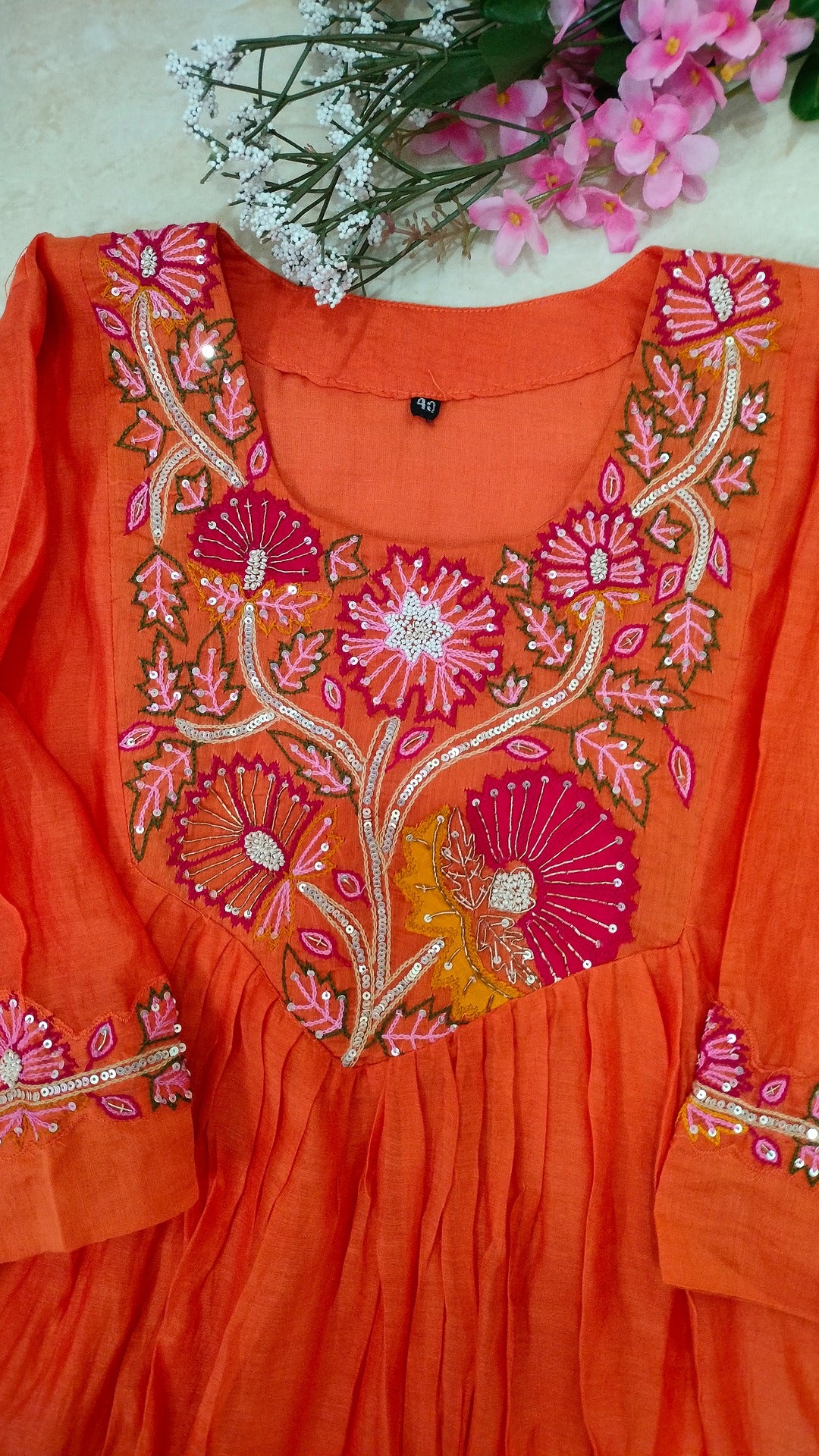 Mulchanderi Orange color 3 piece A-line kurthi set