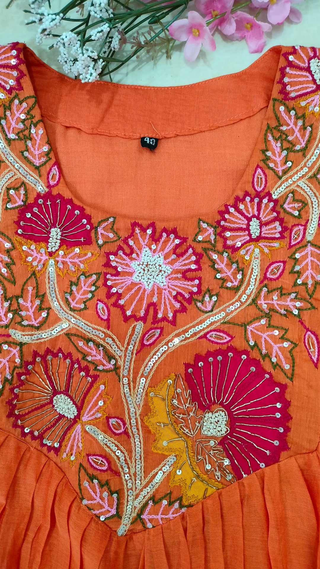 Mulchanderi Orange color 3 piece A-line kurthi set