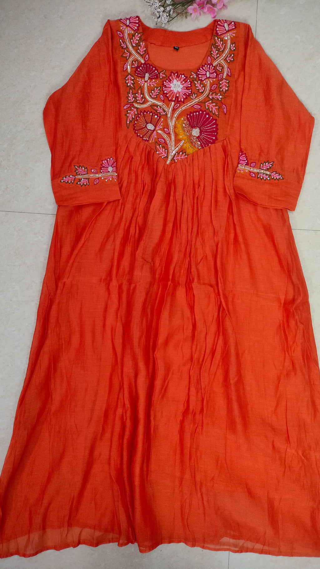 Mulchanderi Orange color 3 piece A-line kurthi set