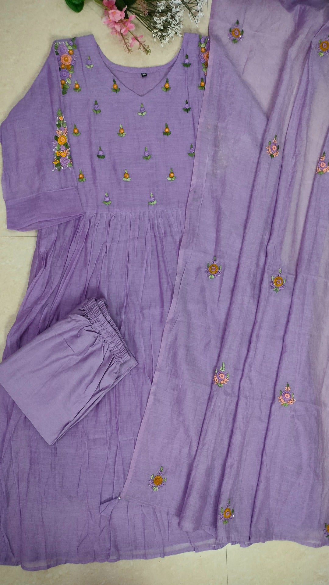 Mulchanderi lilac color 3 piece kurthi set