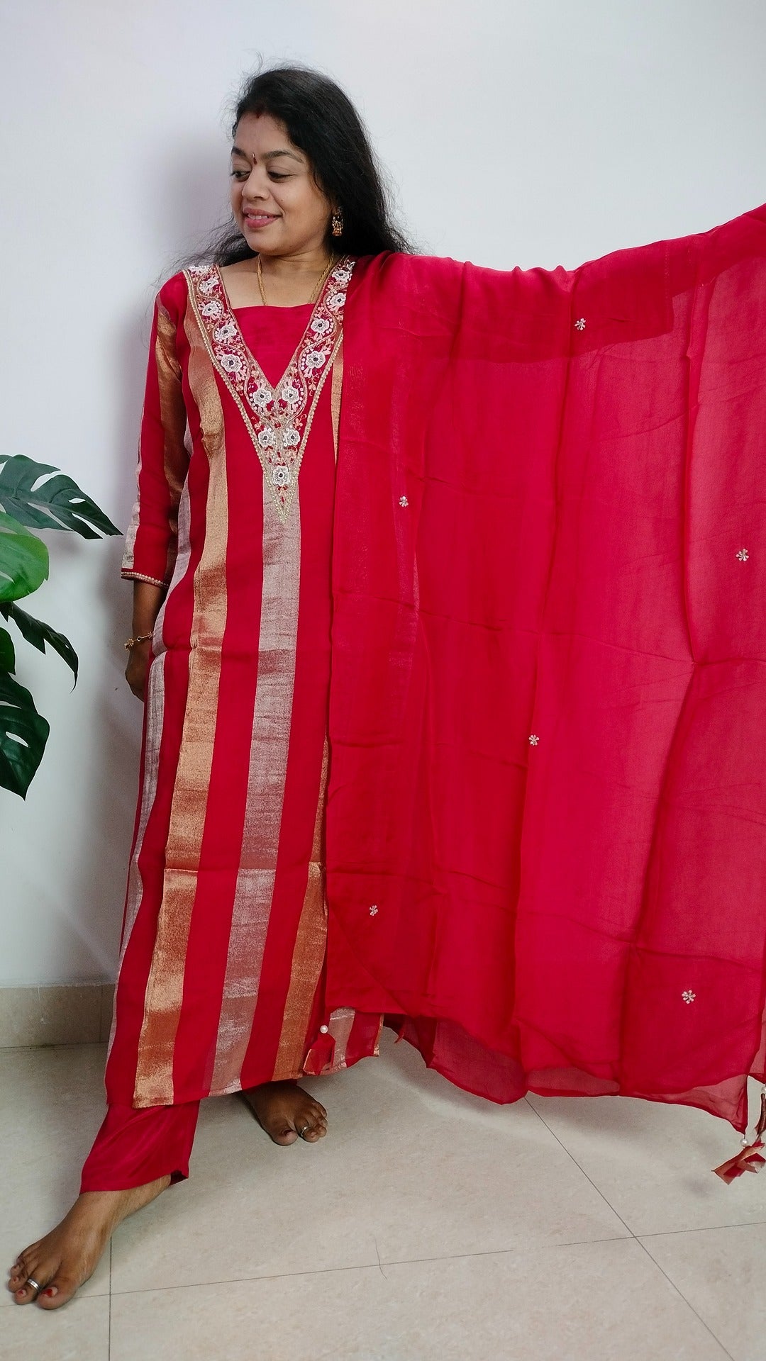 Pure Viscose jari tissue long straight cut 3- piece suit set