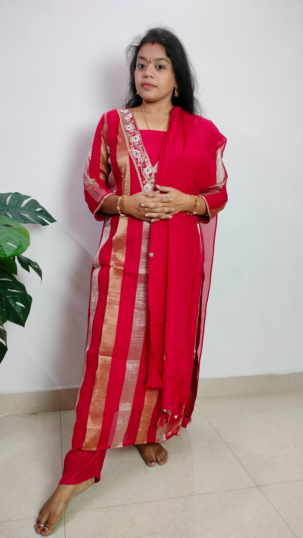 Pure Viscose jari tissue long straight cut 3- piece suit set