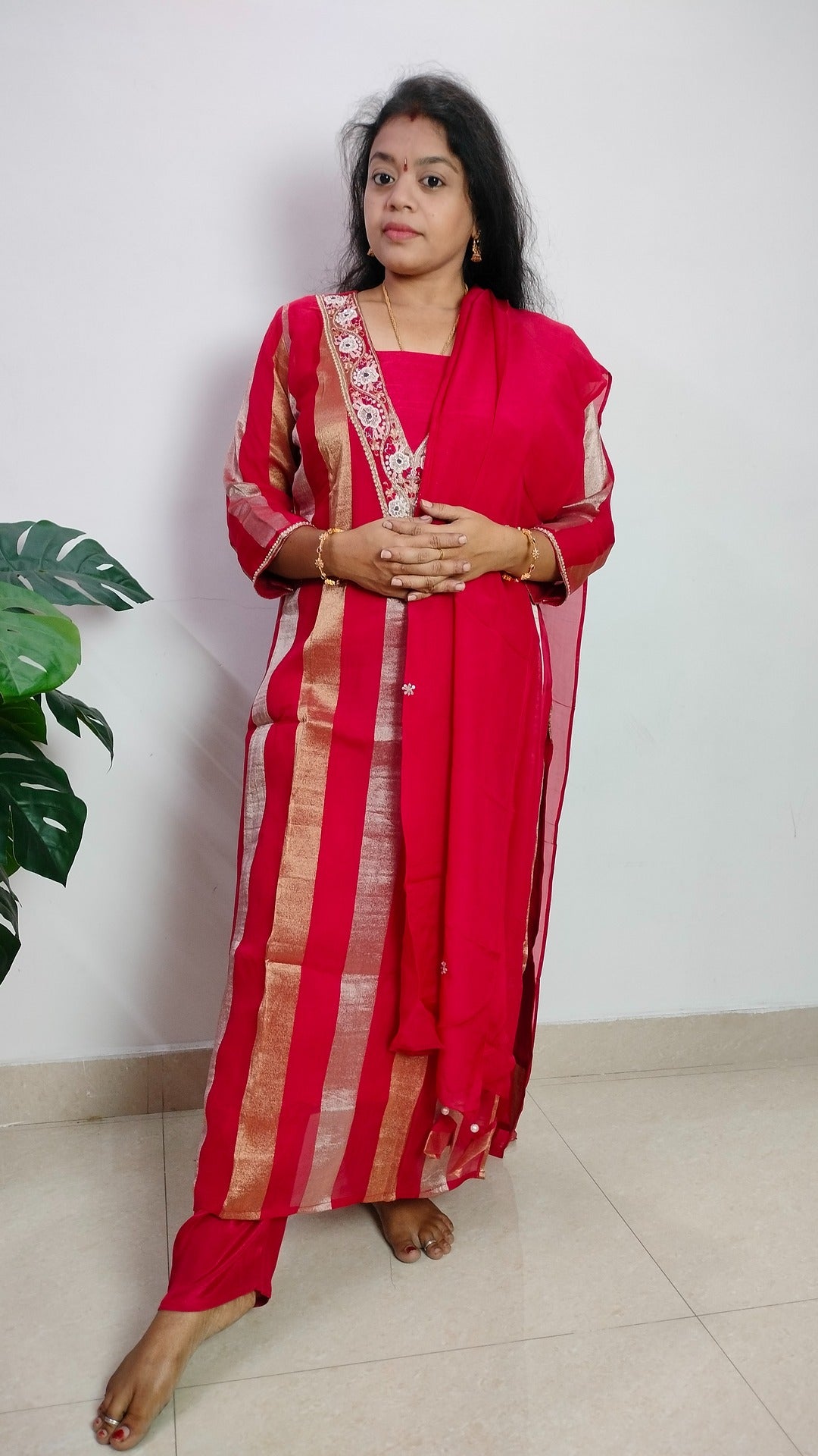 Pure Viscose jari tissue long straight cut 3- piece suit set