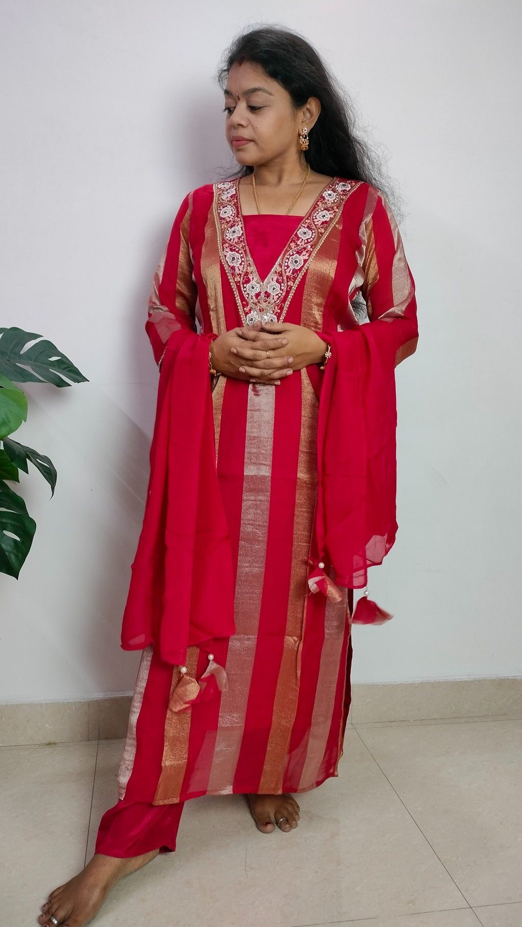 Pure Viscose jari tissue long straight cut 3- piece suit set