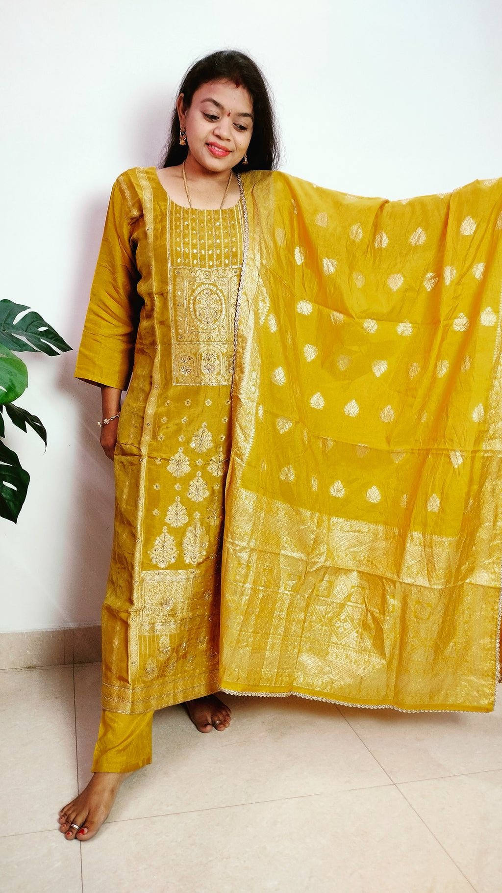 Yellow dola silk straight fit 3- piece kurta set
