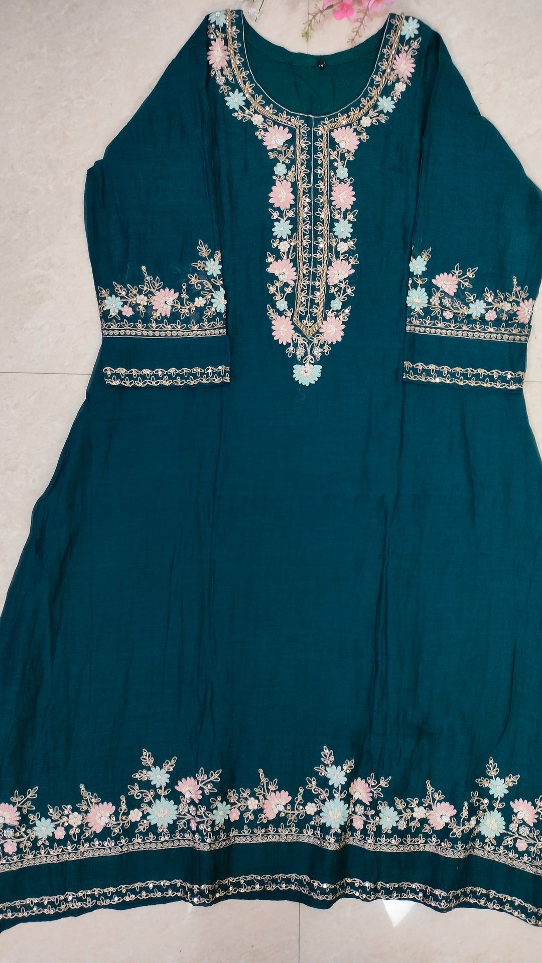 Mulchanderi teal color 3 piece A-line kurthi set