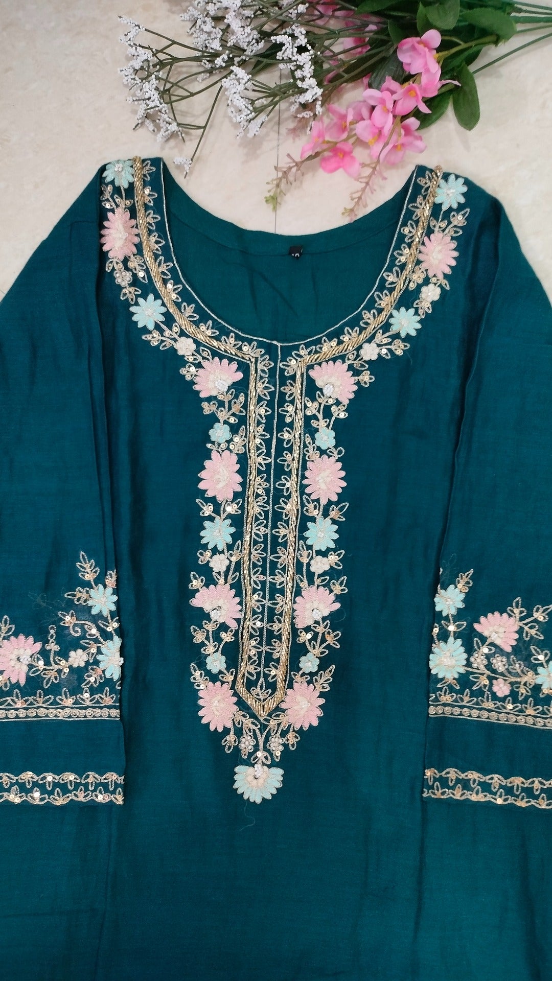 Mulchanderi teal color 3 piece A-line kurthi set