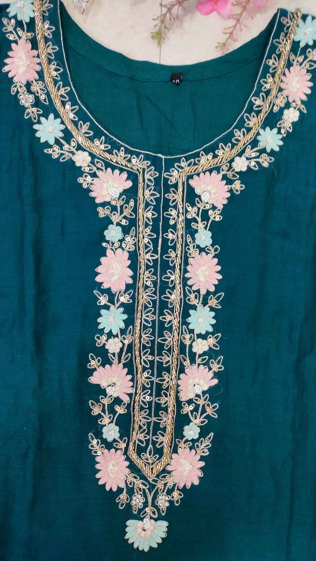 Mulchanderi teal color 3 piece A-line kurthi set