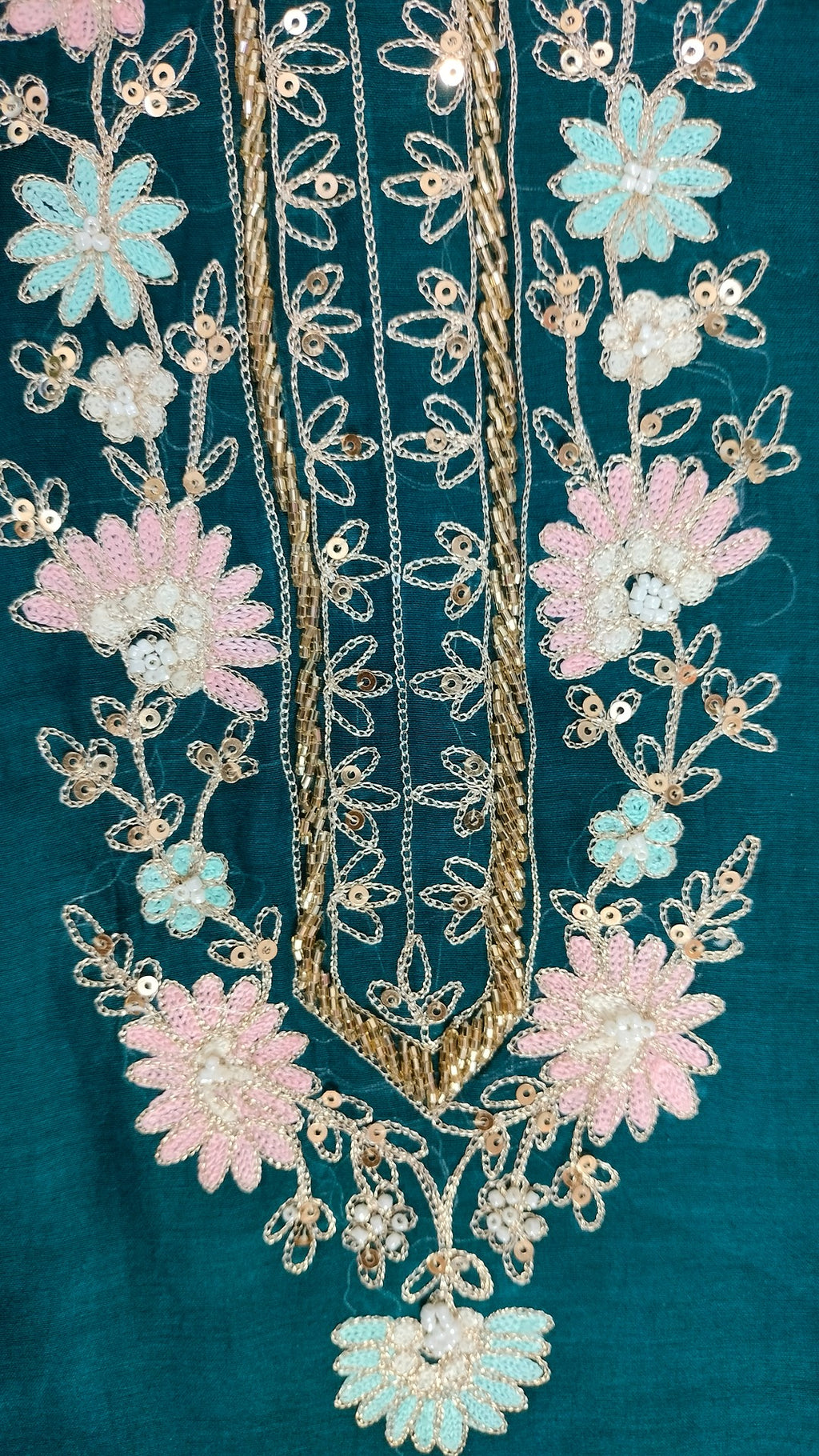 Mulchanderi teal color 3 piece A-line kurthi set